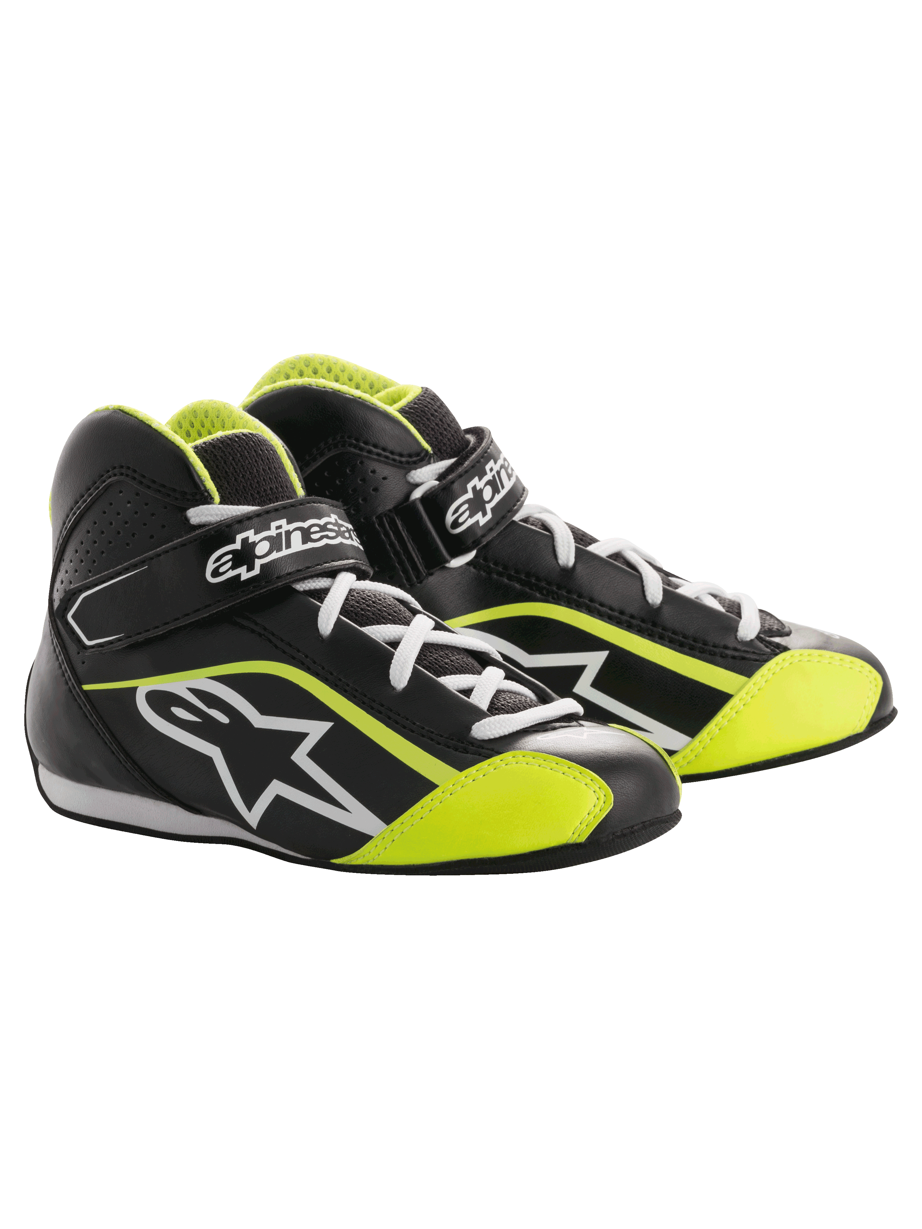 Alpinestars Youth Tech-1 K sko, karting-racer-sko, sort og neongul, high-top design med hvide snørebånd, velcrostrop med logo, stjernelogo på siden og perforerede paneler
