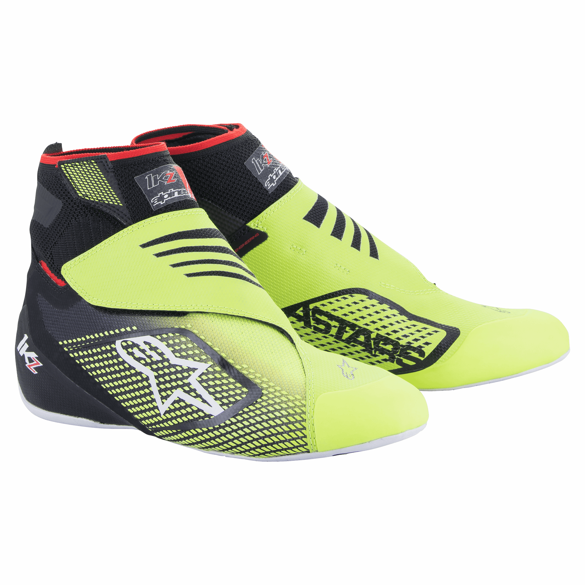 Alpinestars Tech-1 KZ V2 sko, karting-racingsko, sort og neongul, med sømløs strikket overdel, dobbelt velcrolukning, hvidt Alpinestars stjernelogo, sort 3D-printgrafik, høj ankelkrave med røde detaljer, tynd hvid sål, specialiseret motorsport fodtøj