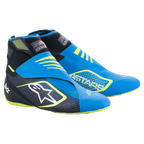 Alpinestars Tech-1 KZ V2 karting-sko, blå, sort og gul fluo, med sømløs strikket overdel, dobbelt ankelrem-lukning, stort hvidt stjernelogo på siden, slankt letvægtsdesign til motorsport