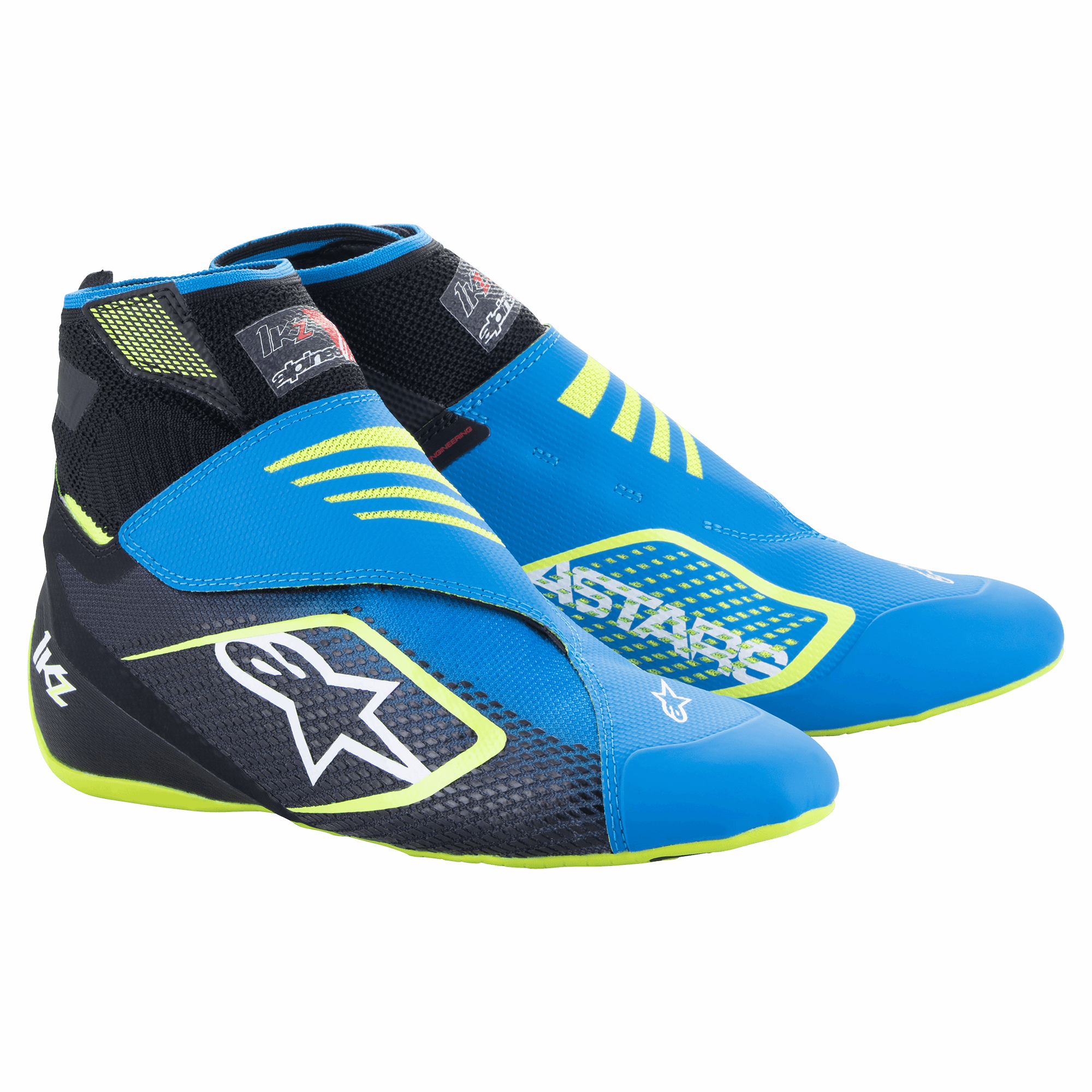 Alpinestars Tech-1 KZ V2 karting-sko, blå, sort og gul fluo, med sømløs strikket overdel, dobbelt ankelrem-lukning, stort hvidt stjernelogo på siden, slankt letvægtsdesign til motorsport