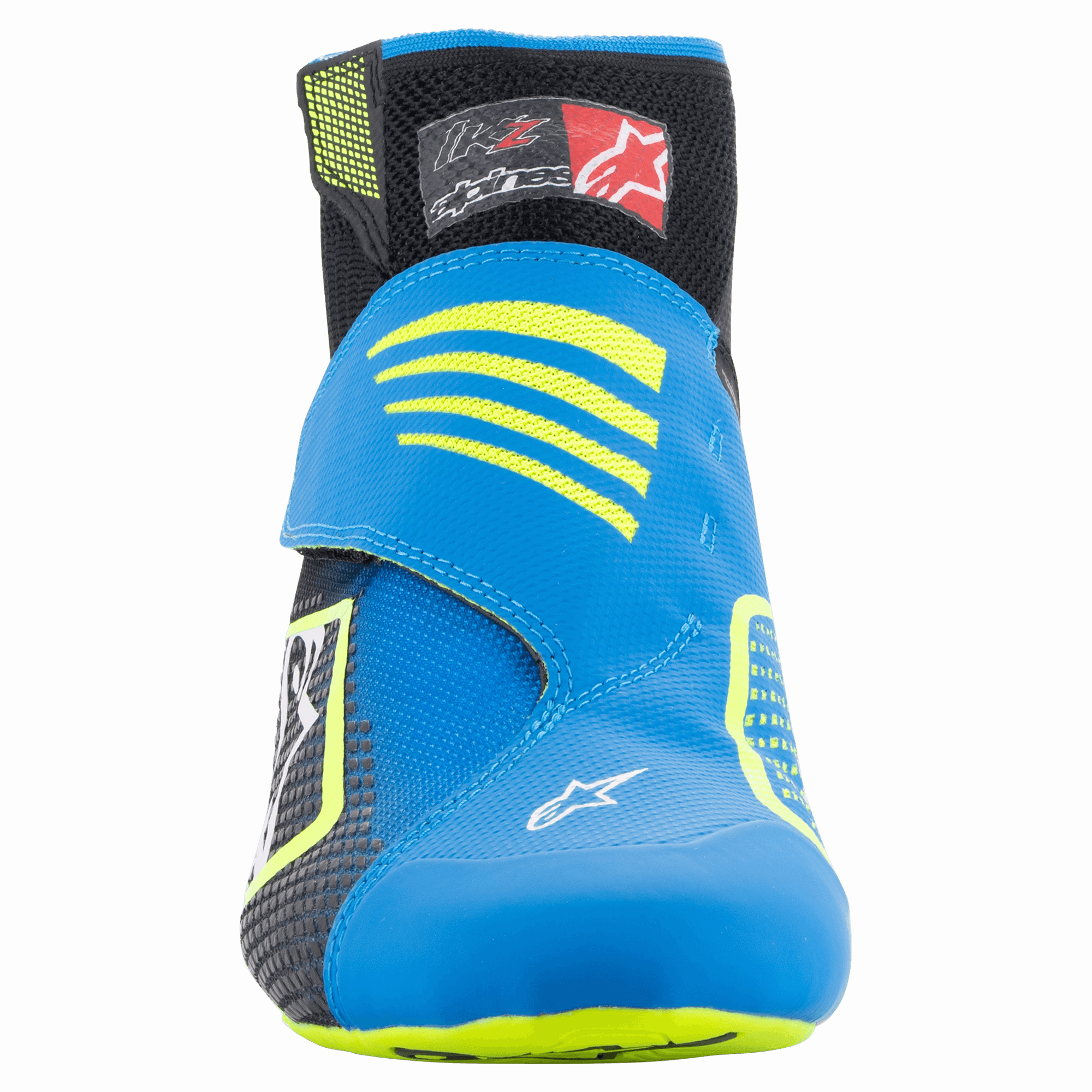 Alpinestars Tech-1 KZ V2 sko, kartingsko, sort, emaljeblå og fluorescerende gul, set forfra, viser den sømløse strikkede overdel, klar blå rem med gule detaljer og sort ankelkrave