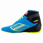 Alpinestars Tech-1 KZ V2-sko, kartingsko, Enamel Blue med sorte og fluorescerende gule detaljer, sideprofil med sømløs strikket overdel og Formel 1-afledt tynd gummiydersål, tydeligt ASTARS-logo på siden.