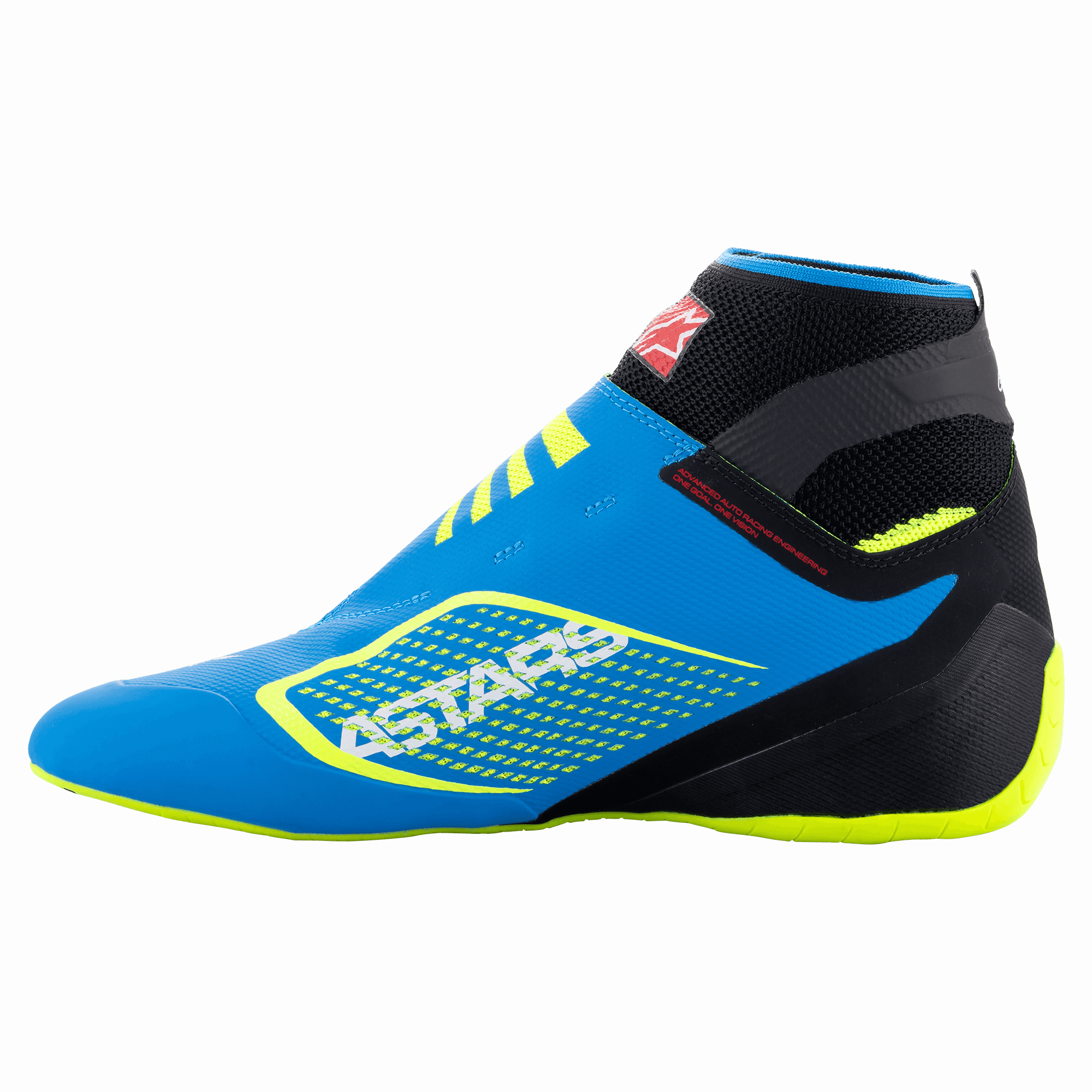 Alpinestars Tech-1 KZ V2-sko, kartingsko, Enamel Blue med sorte og fluorescerende gule detaljer, sideprofil med sømløs strikket overdel og Formel 1-afledt tynd gummiydersål, tydeligt ASTARS-logo på siden.