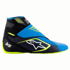 Alpinestars Tech-1 KZ V2 sko, kartingsko, sort, emalje-blå og neon-gul, sidevisning der viser den strikkede overdel, dobbelt stroplukning og markant hvidt Alpinestars-logo, designet til pedalfølsomhed i motorsport.