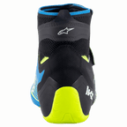 Alpinestars Tech-1 KZ V2 sko, karting-sko, sort, emaljeblå og neon-gul, set bagfra, der viser den strikkede overkonstruktion, Alpinestars-logo og den klare neon-gule hælstøtte