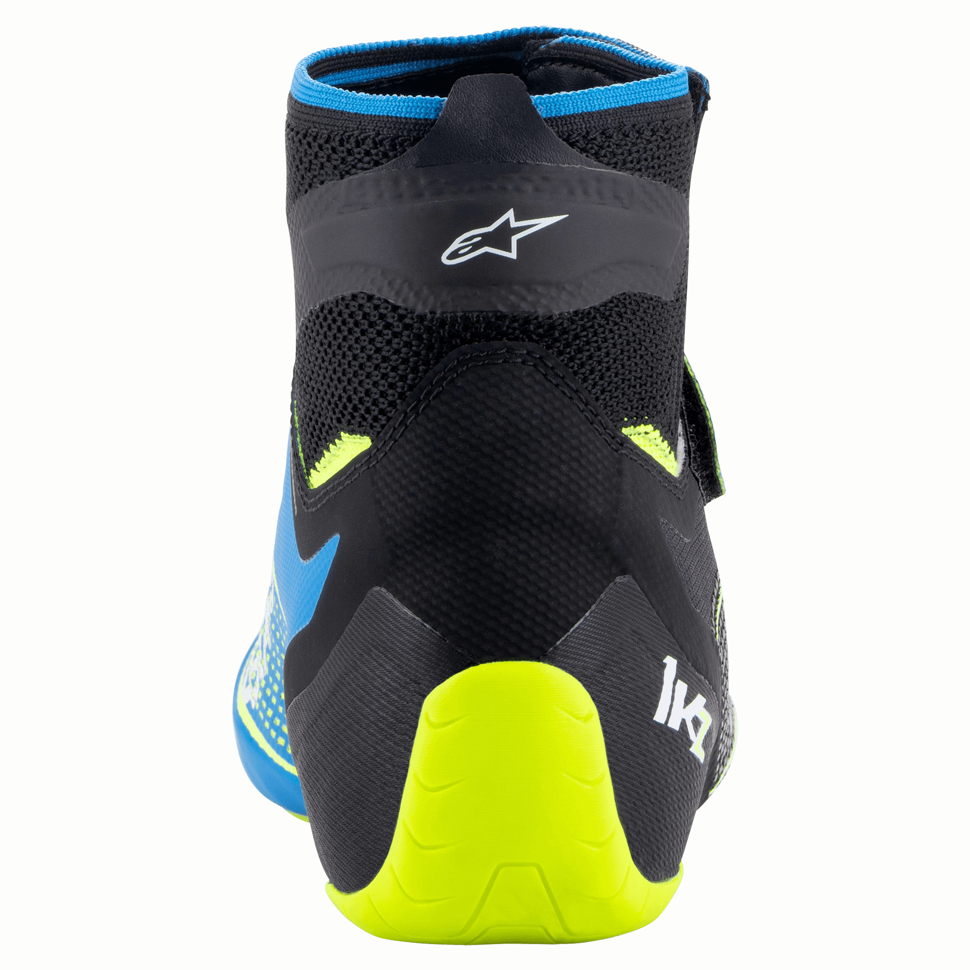 Alpinestars Tech-1 KZ V2 sko, karting-sko, sort, emaljeblå og neon-gul, set bagfra, der viser den strikkede overkonstruktion, Alpinestars-logo og den klare neon-gule hælstøtte