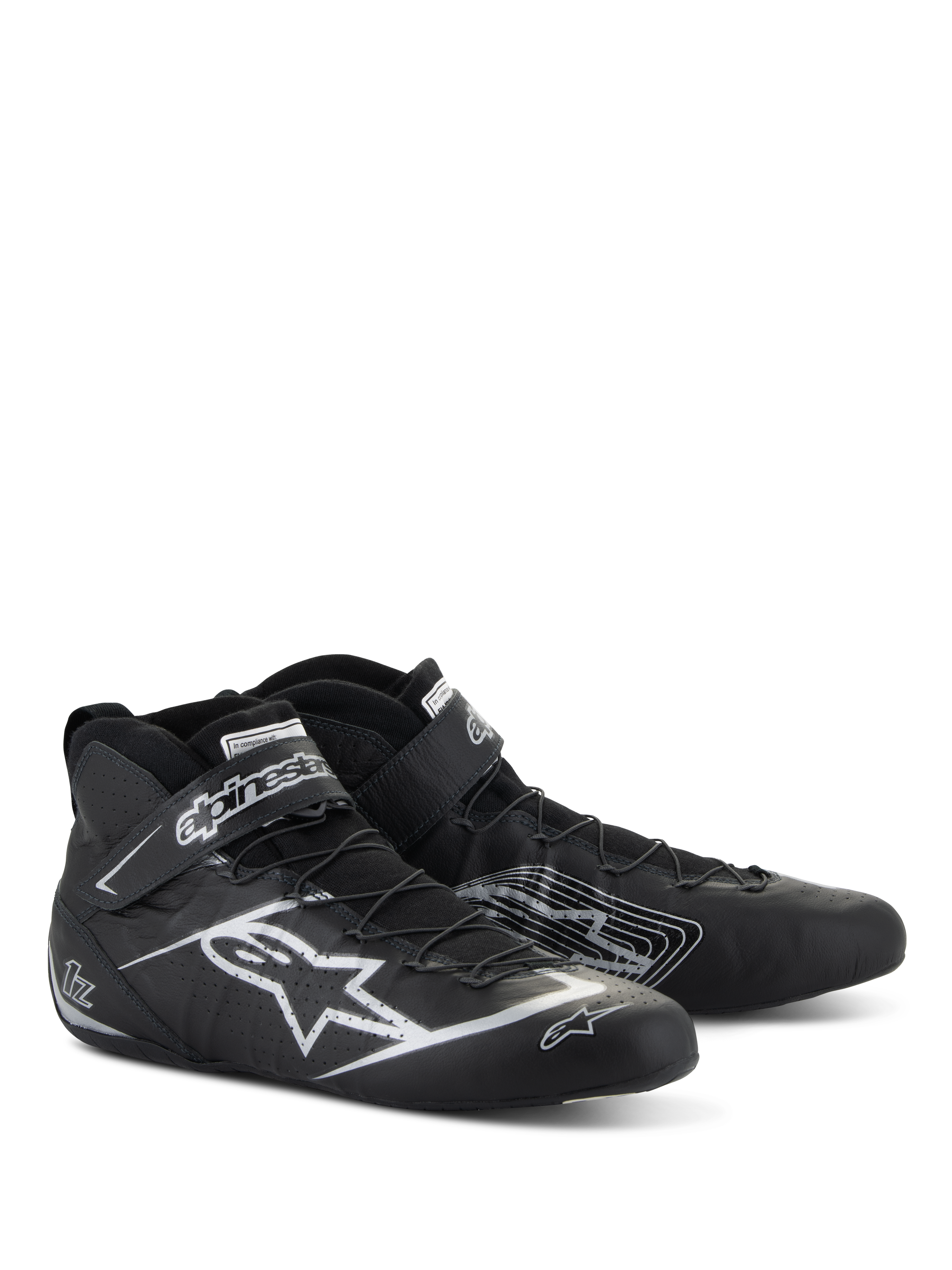 Alpinestars Tech-1 Z V3 Shoes FIA, Auto Racing Footwear, Black and Silver, premium bovine leather with silver Alpinestars star logo, sleek low-cut profile with speed lacing and Velcro strap