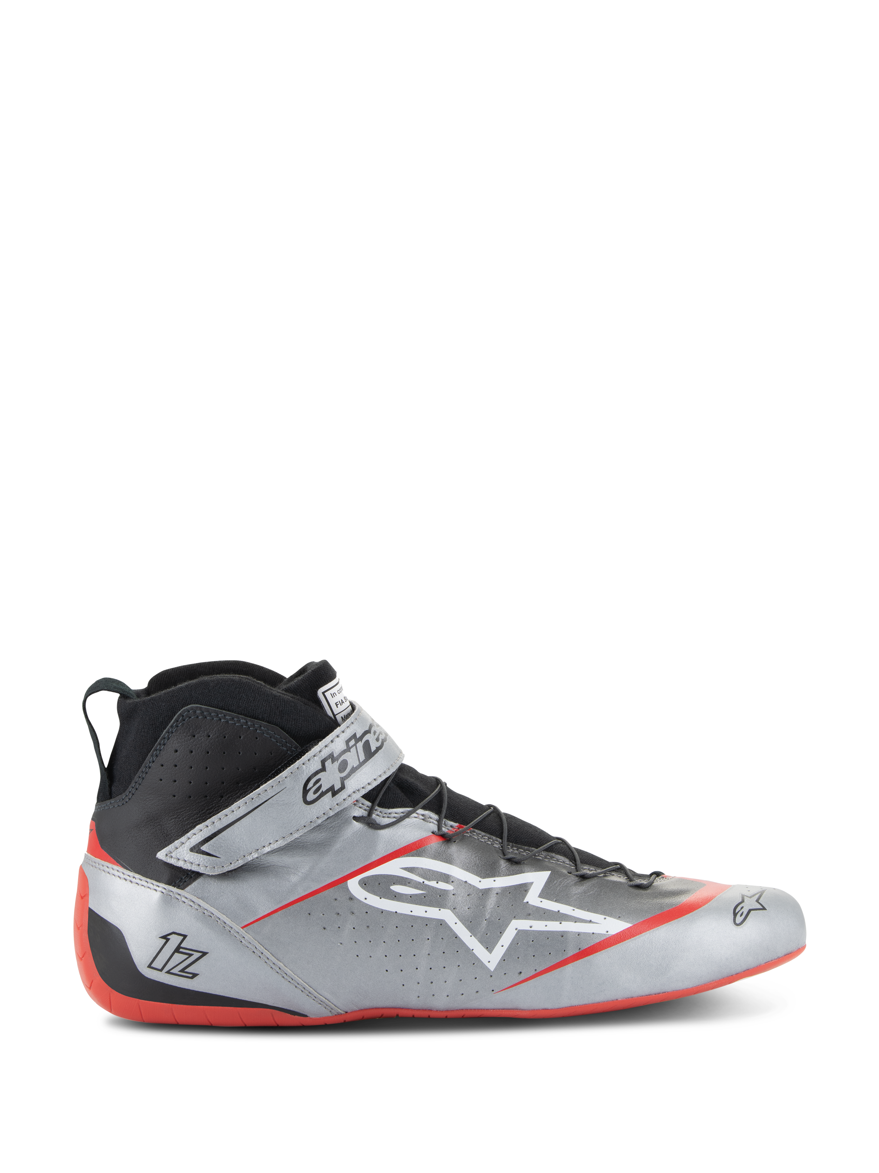Alpinestars Tech-1 Z V3 FIA racingsko, mørk sølv med sorte og røde detaljer, high-top design med hvidt stjerne-logo, rød sål, perforeret læder til ventilation og velcrolukning