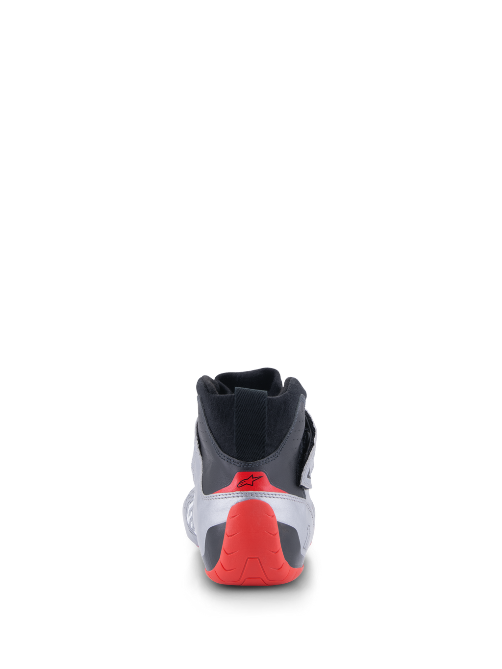 Alpinestars Tech-1 Z V3 Shoes FIA, Auto Racing Shoes, Rear view in Dark Silver Black and Red, featuring a red thermo-formed heel cup and black knitted collar, professional motorsport footwear