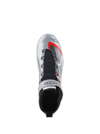 Alpinestars Tech-1 Z V3 Shoes FIA, Auto Racing Shoes, Dark Silver with Black and Red accents, top-down view showing the speed lacing system, black knitted tongue, and metallic leather finish with bold branding.