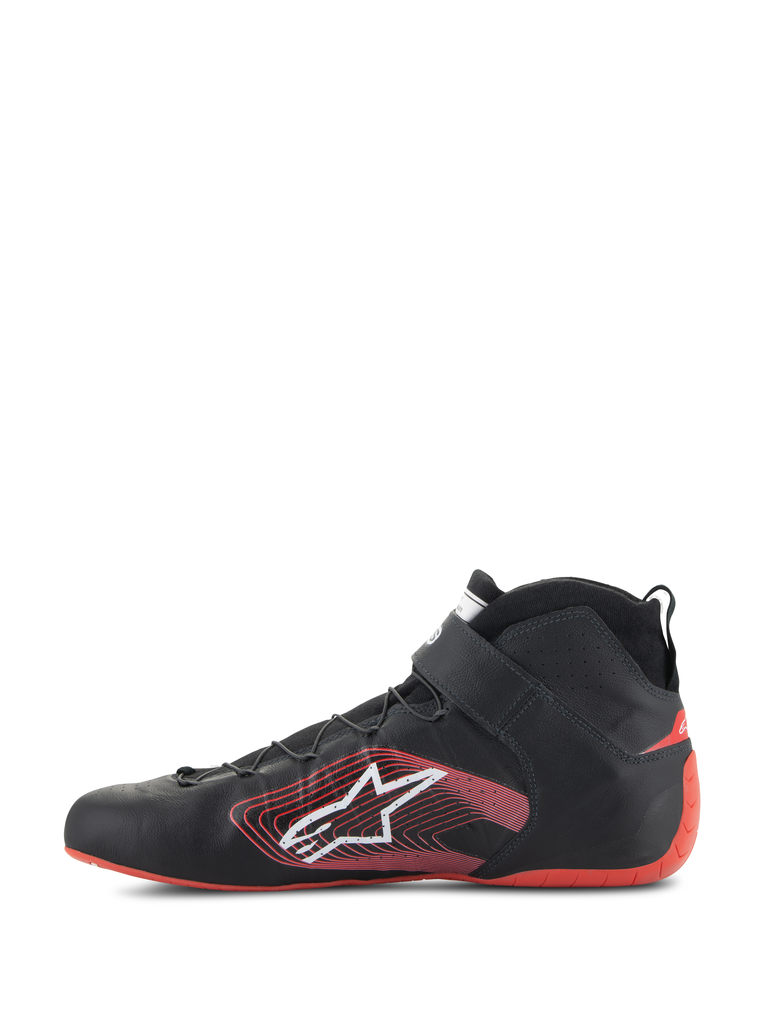 Alpinestars Tech-1 Z V3 Shoes FIA, Auto Racing Shoes, Black and Red, side profile view, premium leather construction with red heel counter, white Astars logo with red linear graphic, ankle strap and thin laces