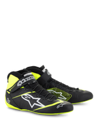 Alpinestars Tech-1 Z V3 Shoes FIA, Auto Racing Shoes, Black and Yellow Fluo, featuring white Astars logo, speed lacing system, and ankle strap, high-top leather design for professional motorsport