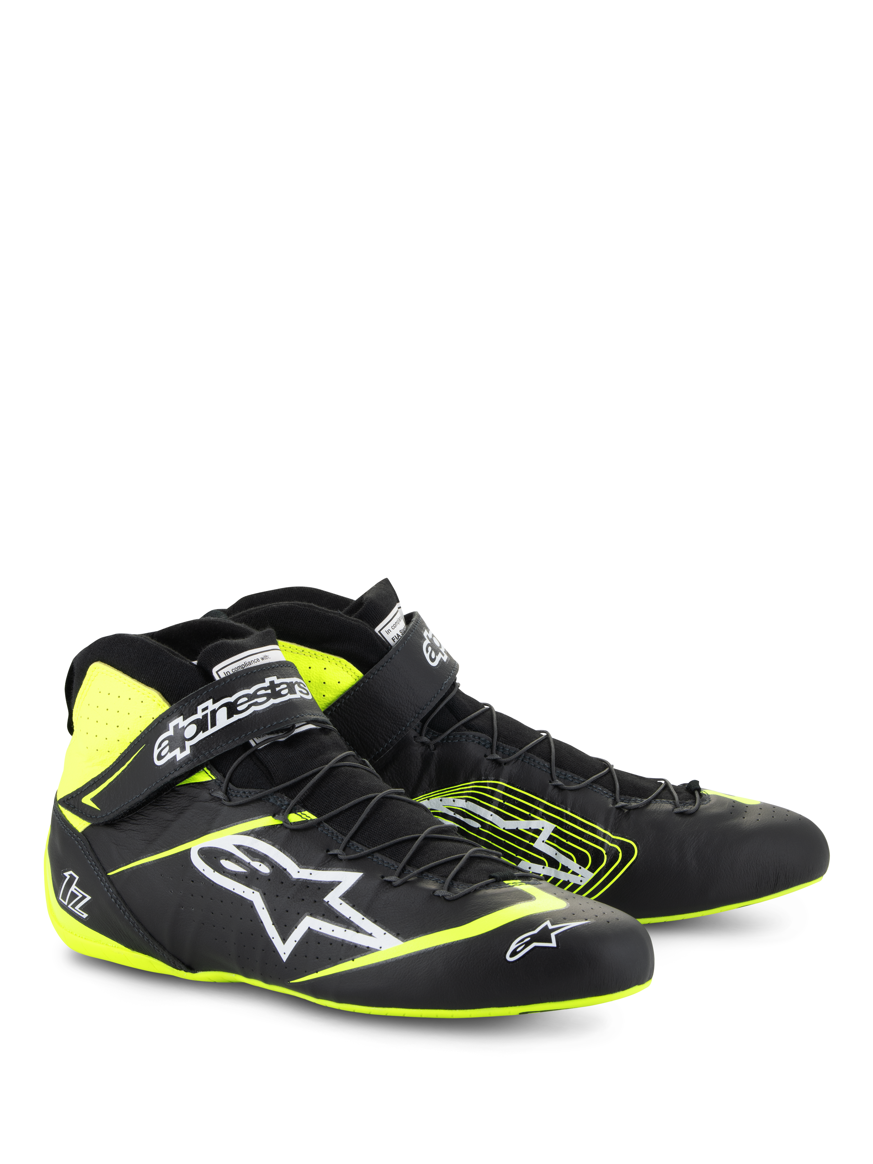 Alpinestars Tech-1 Z V3 Shoes FIA, Auto Racing Shoes, Black and Yellow Fluo, featuring white Astars logo, speed lacing system, and ankle strap, high-top leather design for professional motorsport