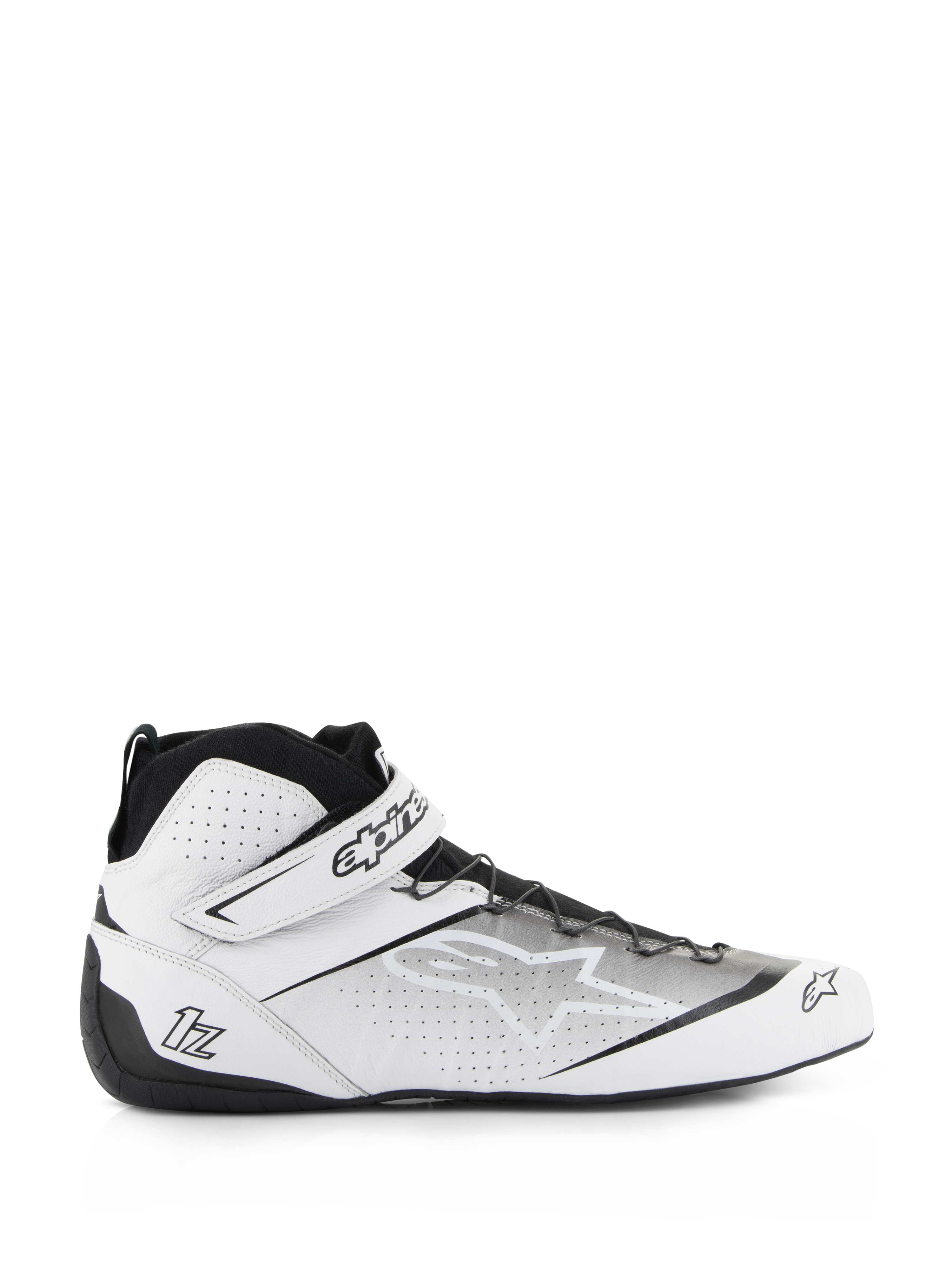 Alpinestars Tech-1 Z V3 Shoes FIA, Auto Racing Shoes, White and Black, high-top design with perforated leather upper, strap closure featuring Alpinestars branding, thin rubber sole for pedal sensitivity, sleek motorsport profile