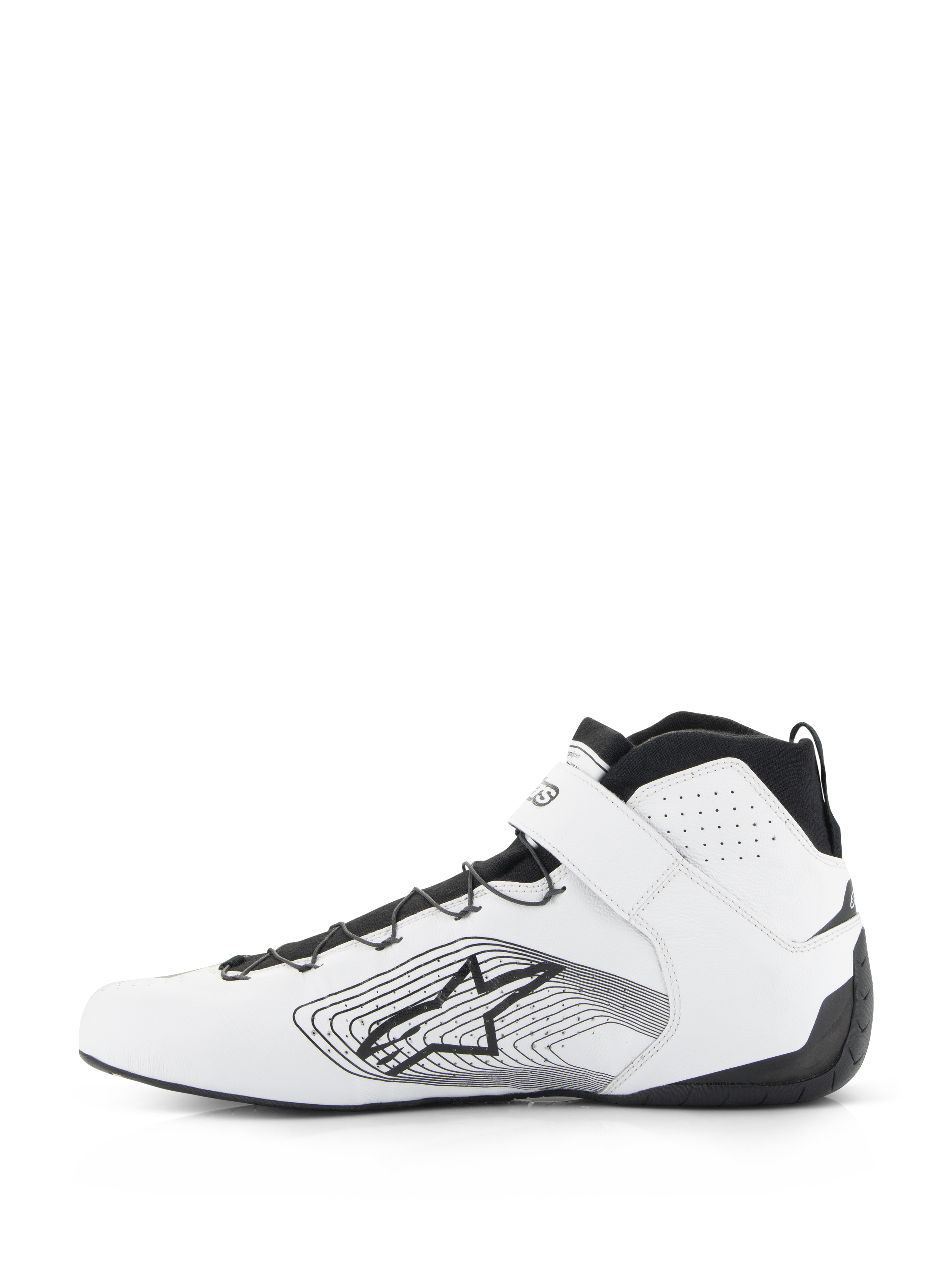 Alpinestars Tech-1 Z V3 Shoes FIA, Auto Racing Shoes, White and Black, side profile of premium leather racing shoe featuring black speed lacing, white ankle strap, and Alpinestars star logo with linear graphic on the side