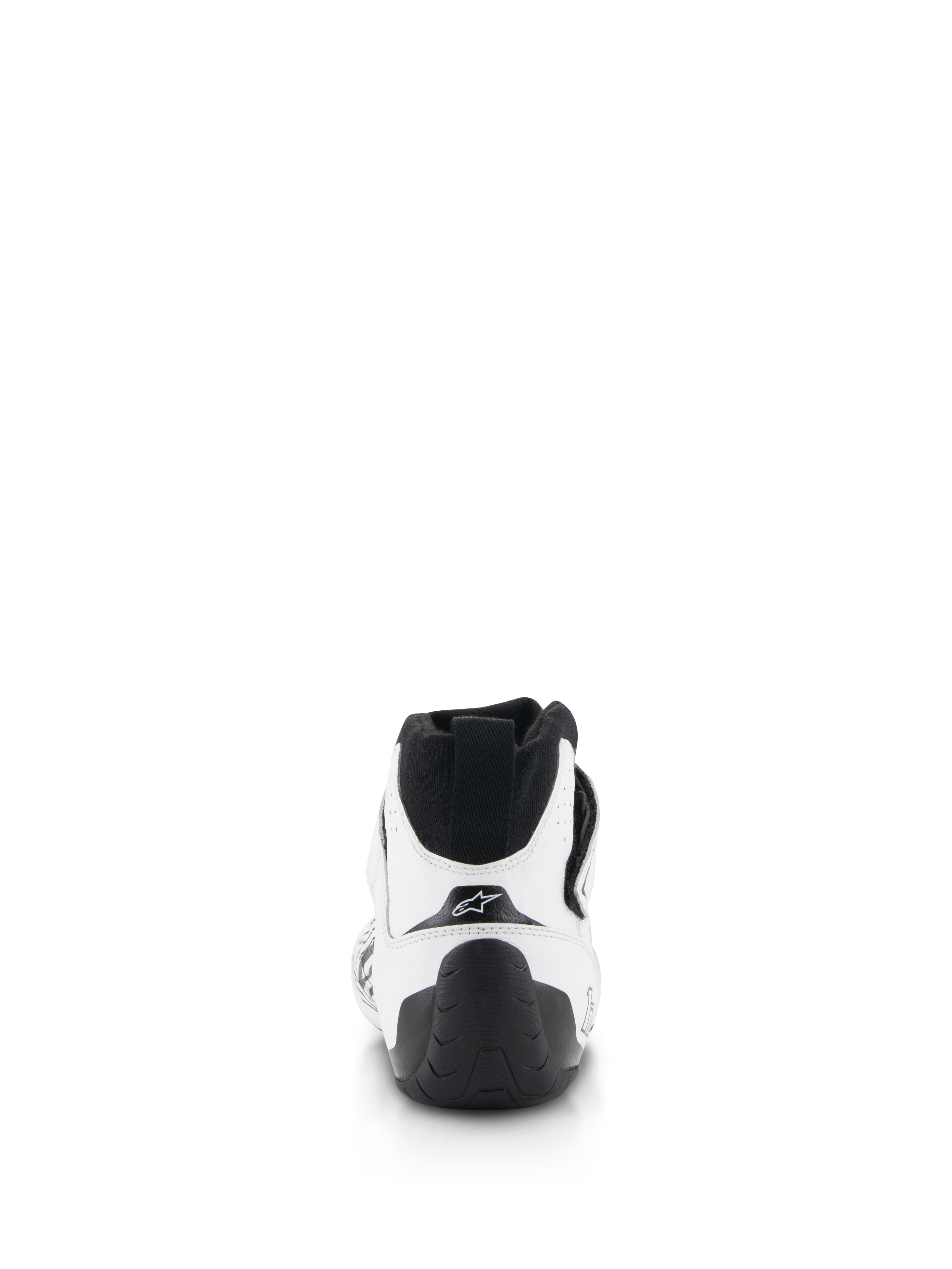 Alpinestars Tech-1 Z V3 Shoes FIA, Auto Racing Shoes, White and Black, rear view featuring a black heel pull tab, textured rubber sole, and white bovine leather upper with Alpinestars star logo