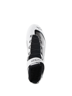Alpinestars Tech-1 Z V3 Shoes FIA, Auto Racing Shoes, White and Black, top-down view showing speed lacing system, branded velcro ankle strap, black knitted tongue, and perforated leather upper for auto racing performance