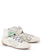 Alpinestars Tech-1 Z V3 sko FIA, White Green Gum Silver racingsko, overdel i perforeret bovint læder, hurtigsnøringssystem med grøn logostrop, tynd gummiydersål for bedre pedalføling, professionelt motorsportfodtøj