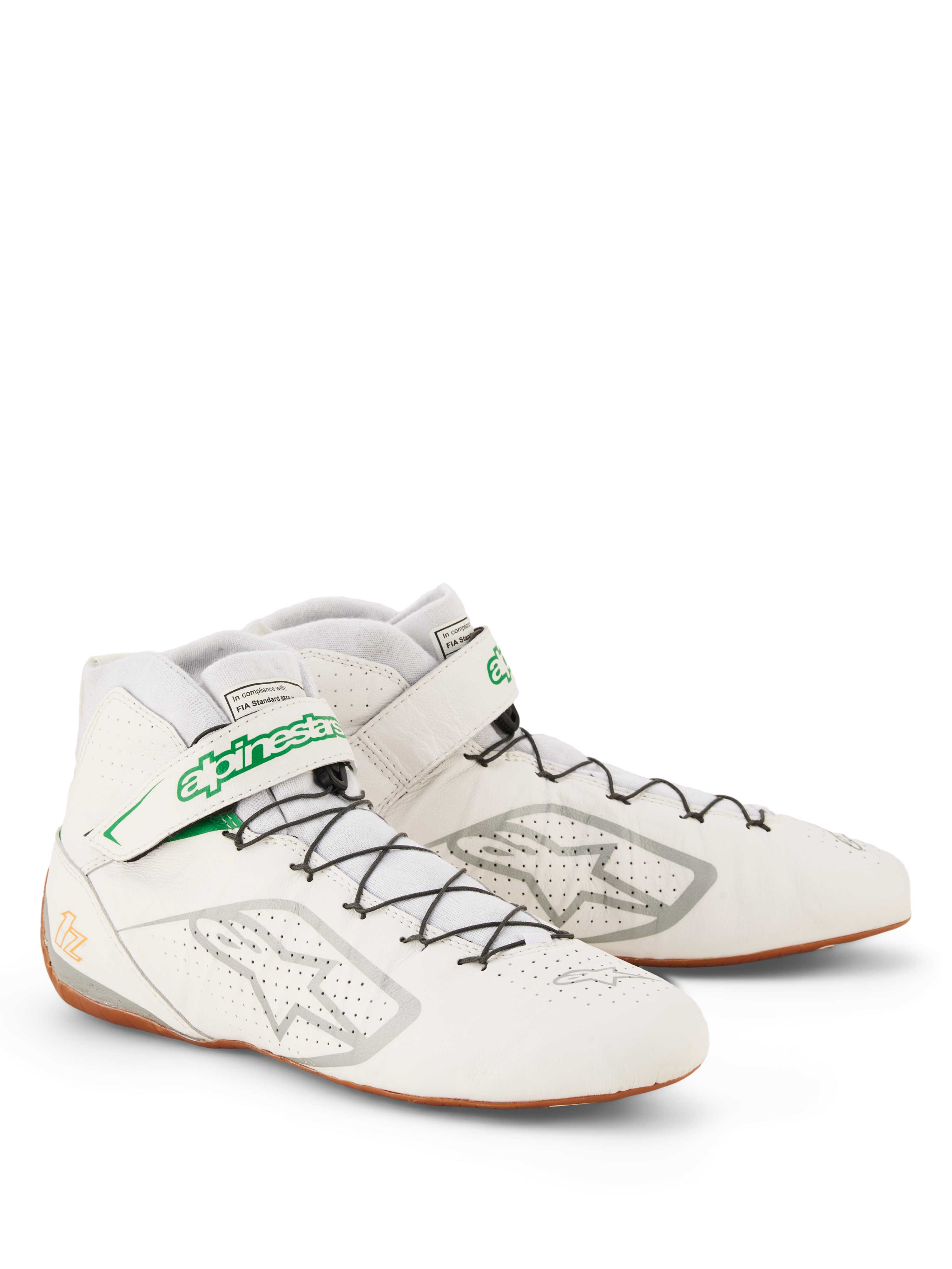 Alpinestars Tech-1 Z V3 sko FIA, White Green Gum Silver racingsko, overdel i perforeret bovint læder, hurtigsnøringssystem med grøn logostrop, tynd gummiydersål for bedre pedalføling, professionelt motorsportfodtøj