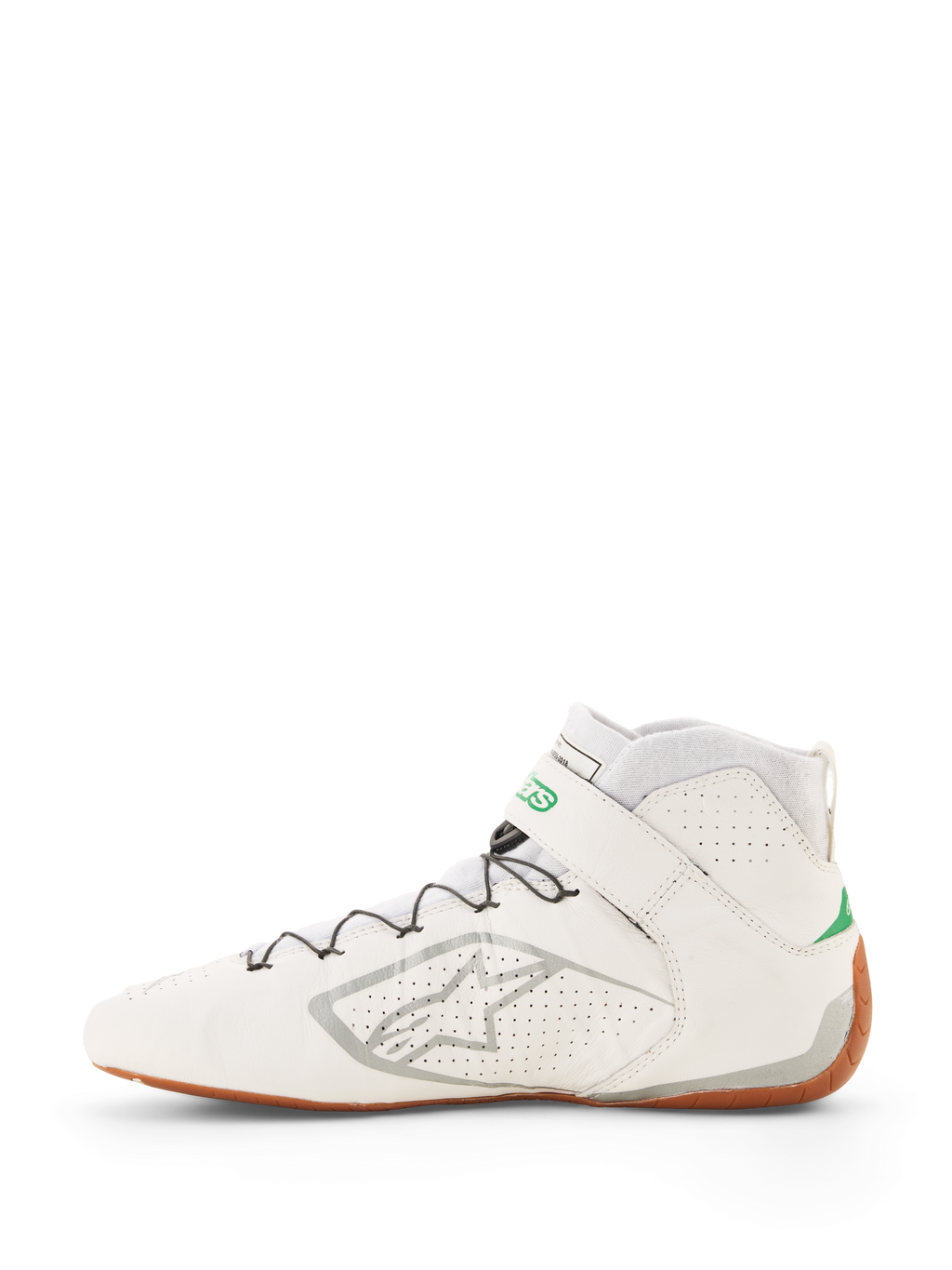 Alpinestars Tech-1 Z V3-sko FIA, hvide racersko med grønne og sølvfarvede detaljer, gummisål, high-top design med perforeret læder, hurtigsnøringssystem med wirestøtte, sølvfarvet Alpinestars-logo på siden