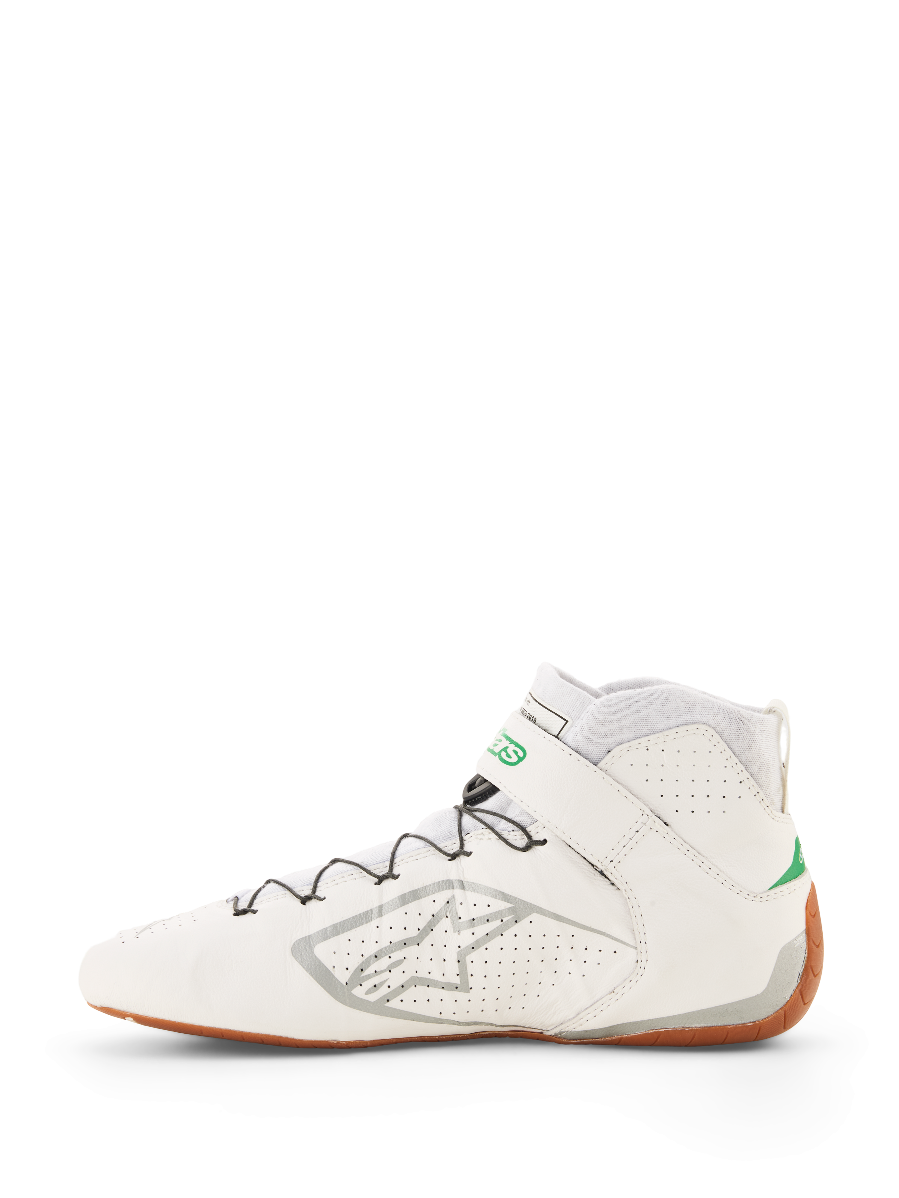 Alpinestars Tech-1 Z V3-sko FIA, hvide racersko med grønne og sølvfarvede detaljer, gummisål, high-top design med perforeret læder, hurtigsnøringssystem med wirestøtte, sølvfarvet Alpinestars-logo på siden