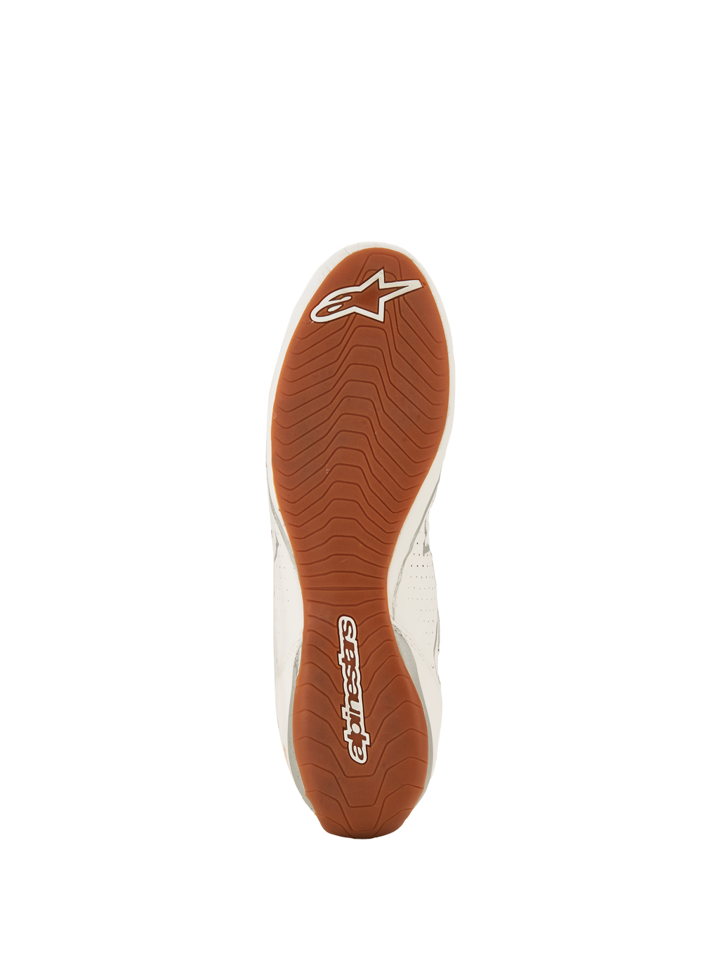 Alpinestars Tech-1 Z V3 sko FIA, autoracersko, hvid grøn gummi sølv, set nedefra af den teksturerede gummiydersål, asymmetrisk slidbanemønster med hvidt Alpinestars-logo på tå og hæl