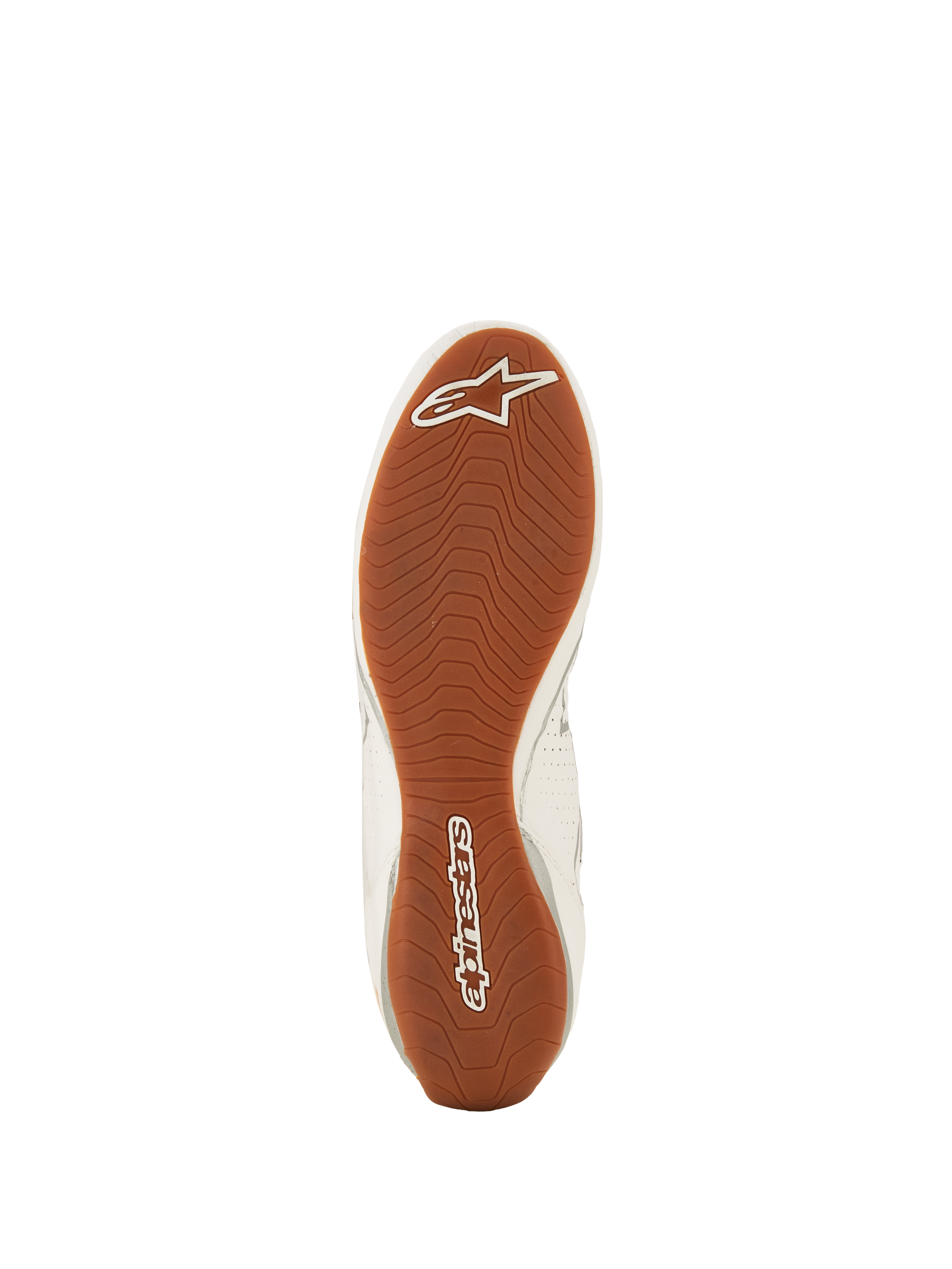 Alpinestars Tech-1 Z V3 sko FIA, autoracersko, hvid grøn gummi sølv, set nedefra af den teksturerede gummiydersål, asymmetrisk slidbanemønster med hvidt Alpinestars-logo på tå og hæl