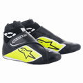 Alpinestars Supermono V2 Shoes FIA, racersko til motorsport, sort, gul fluo og hvid, ankelhøjt design med ribbet manchet, perforeret ét-styks læderkonstruktion med stjernelogoer, strømlinet aerodynamisk profil til professionel motorsport
