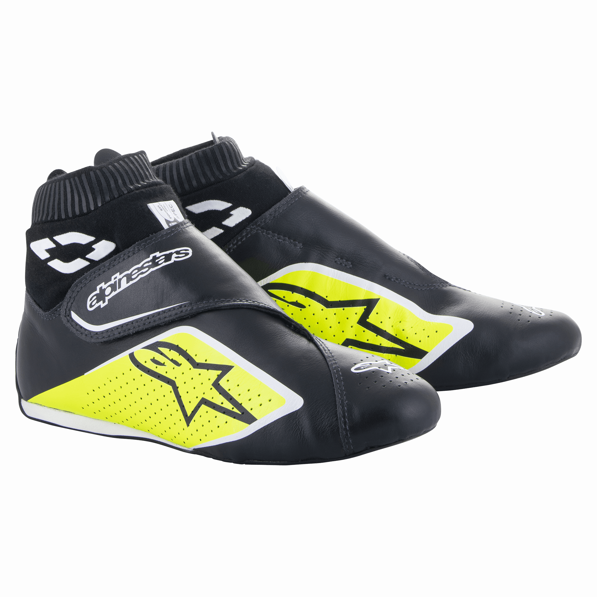 Alpinestars Supermono V2 Shoes FIA, racersko til motorsport, sort, gul fluo og hvid, ankelhøjt design med ribbet manchet, perforeret ét-styks læderkonstruktion med stjernelogoer, strømlinet aerodynamisk profil til professionel motorsport