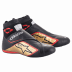 Alpinestars Supermono V2 Shoes FIA, køresko til motorsport, sort, guld og rød, ultralet læderkonstruktion, guldstjerne-logo med røde konturer, sok-lignende elastisk krave og velcro-lukning