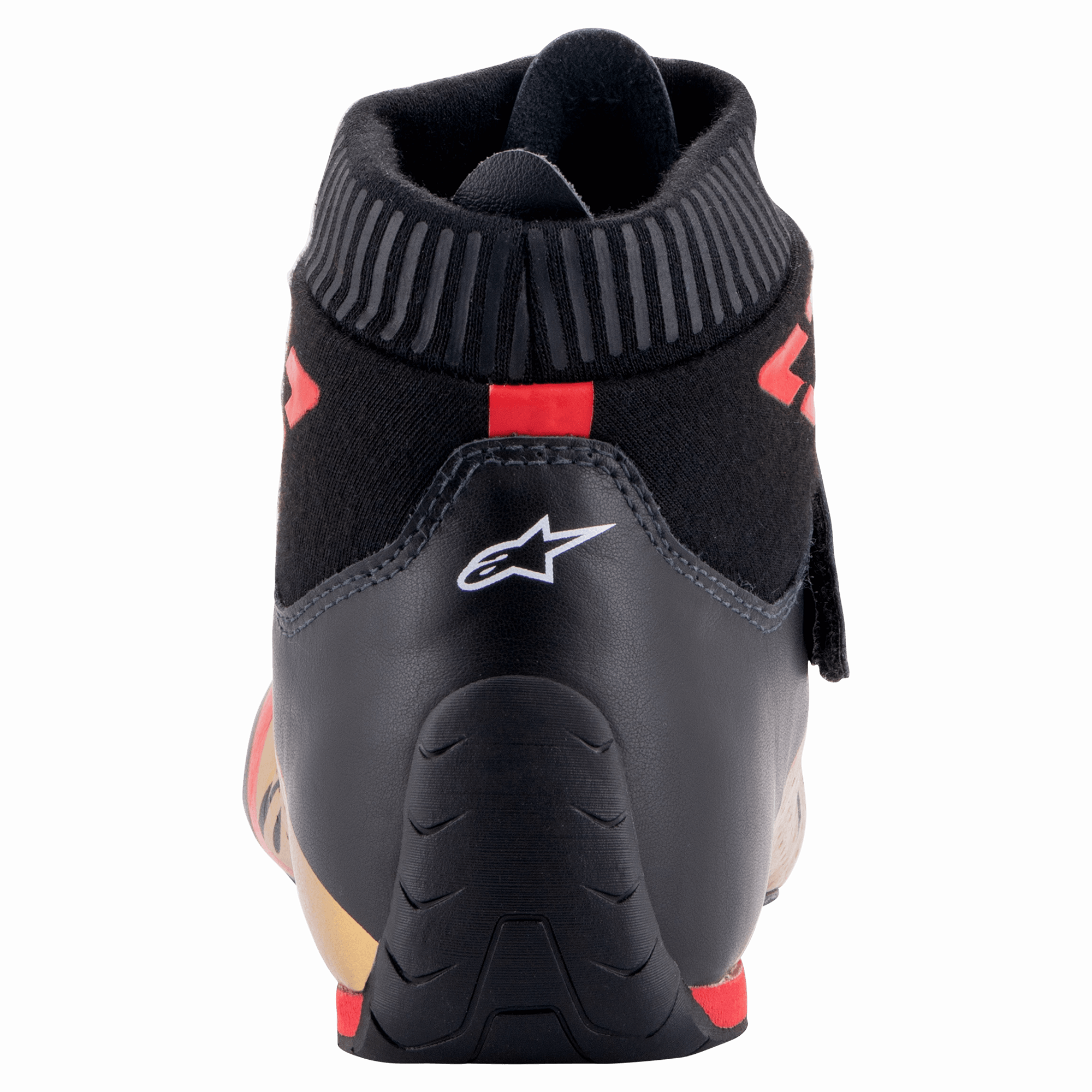 Alpinestars Supermono V2 FIA-sko, hælen på racingskoen set bagfra, sort med hvidt stjernelogo og røde accenter, med rillet ildfast krave og strømlinet læderkonstruktion