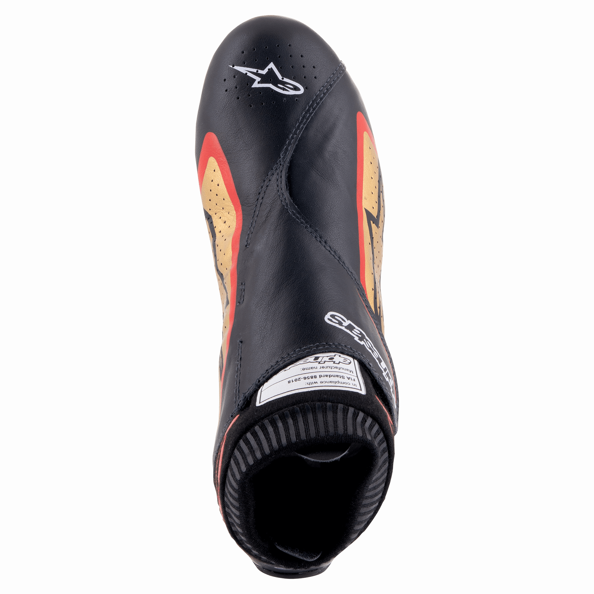 Alpinestars Supermono V2 sko FIA, sort, guld og rød, set oppefra af en ultralet racingsko, førsteklasses sort læder med sideaccenter i guld og rød, perforerede zoner til ventilation og Alpinestars-logo på tåen.