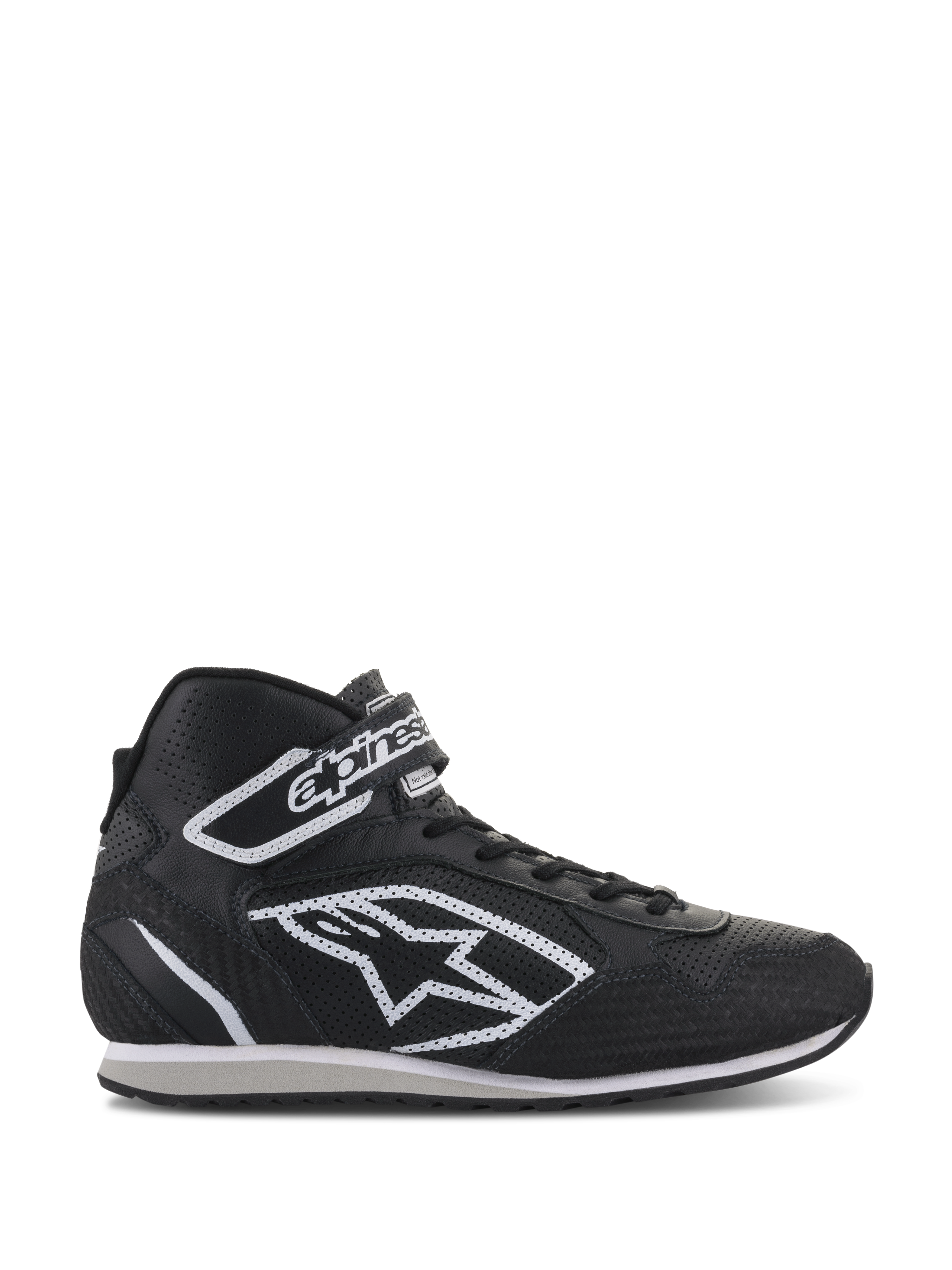 Alpinestars Radar Shoes, professional auto racing pit crew footwear, black and white, perforated leather upper with large white star logo, high-top design with Velcro ankle strap and laces, durable motorsport-inspired style