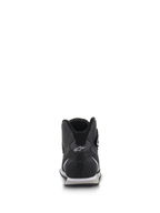 Alpinestars Radar Shoes, Auto Racing Pit Crew Footwear, Black and White, rear view highlighting the reinforced carbon leather heel with white Astars logo, perforated leather panels, and ergonomic low-cut collar