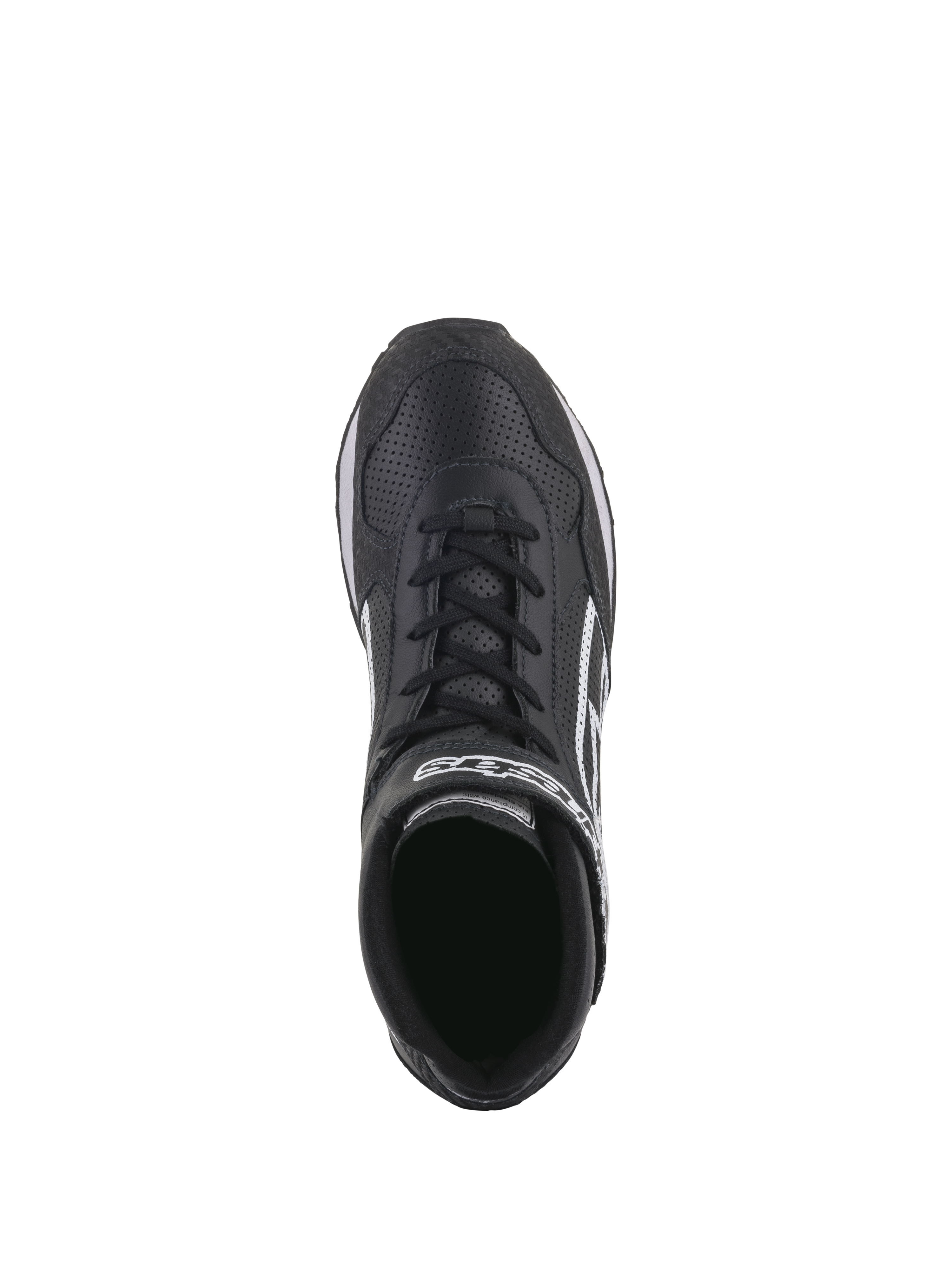 Alpinestars Radar Shoes, Auto Racing Pit Crew Shoes, Black and White, top-down view highlighting perforated leather upper, dual closure system with laces and hook-and-loop strap, white Alpinestars logo, durable design for professional pit stops