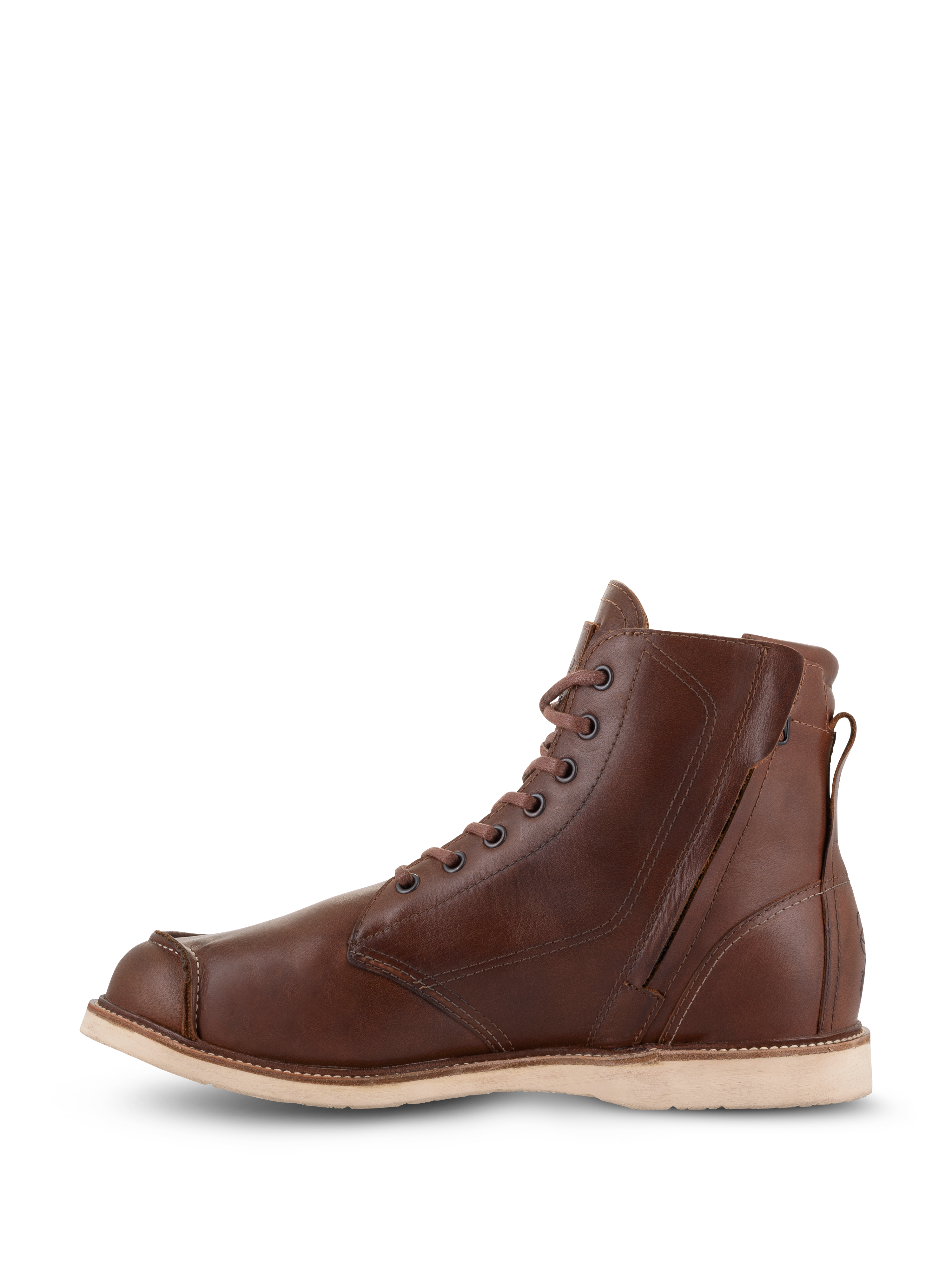 Alpinestars Oscar Monty V2 sko, brune motorcykelsko i læder, set fra indersiden med side-lynlås og snørebånd, moc-toe-design med en lys kileydersål, heritage-inspireret beskyttende fodtøj