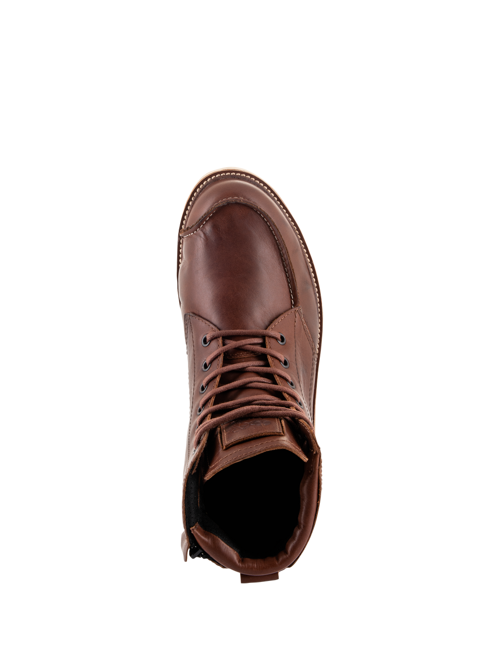 Alpinestars Oscar Monty V2 sko, brune motorcykelkøresko, set oppefra, konstruktion i fuldnarvet læder, moc-tå syninger, brune snørebånd, heritage-inspireret urbant fodtøj