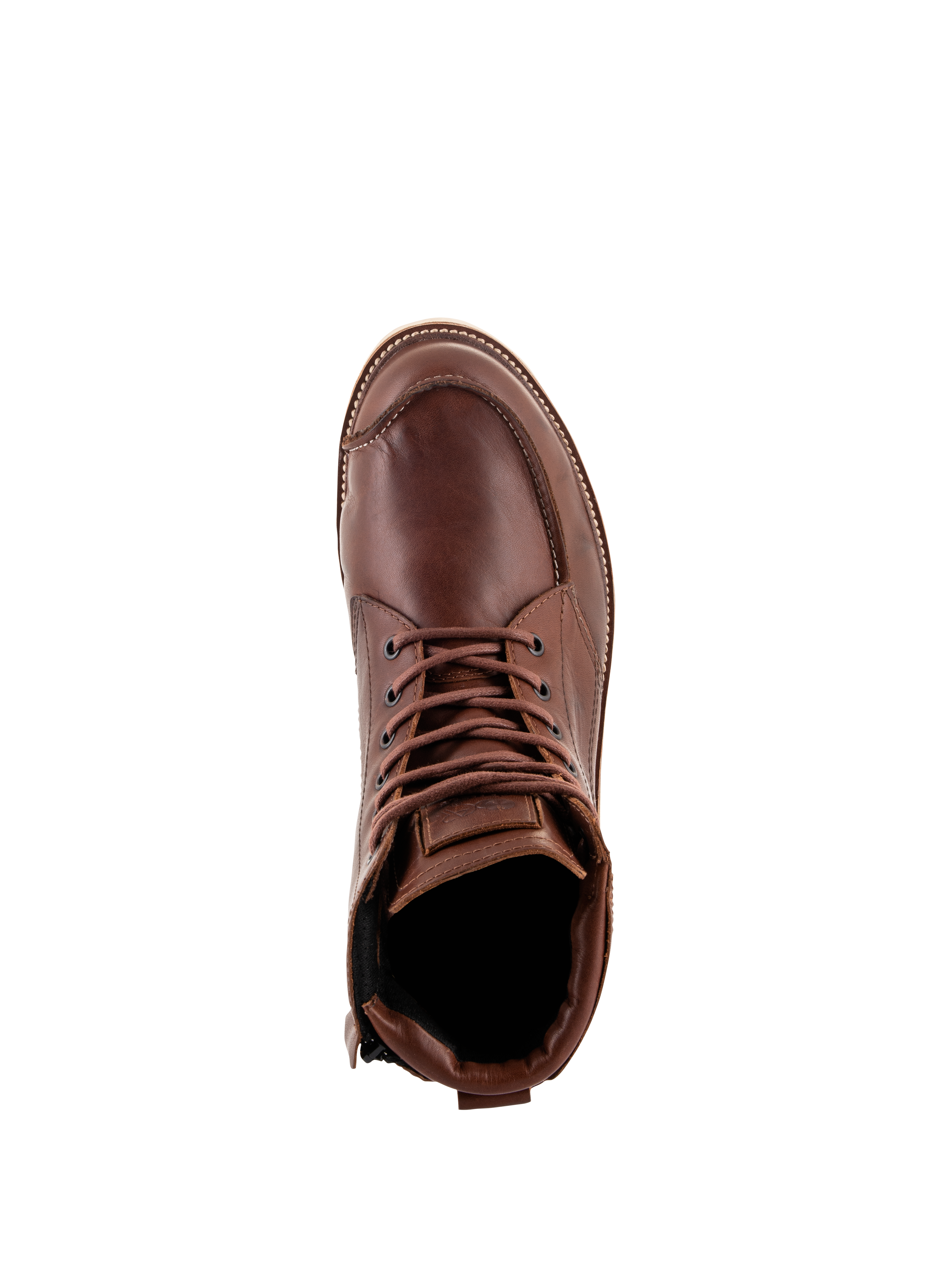 Alpinestars Oscar Monty V2 sko, brune motorcykelkøresko, set oppefra, konstruktion i fuldnarvet læder, moc-tå syninger, brune snørebånd, heritage-inspireret urbant fodtøj