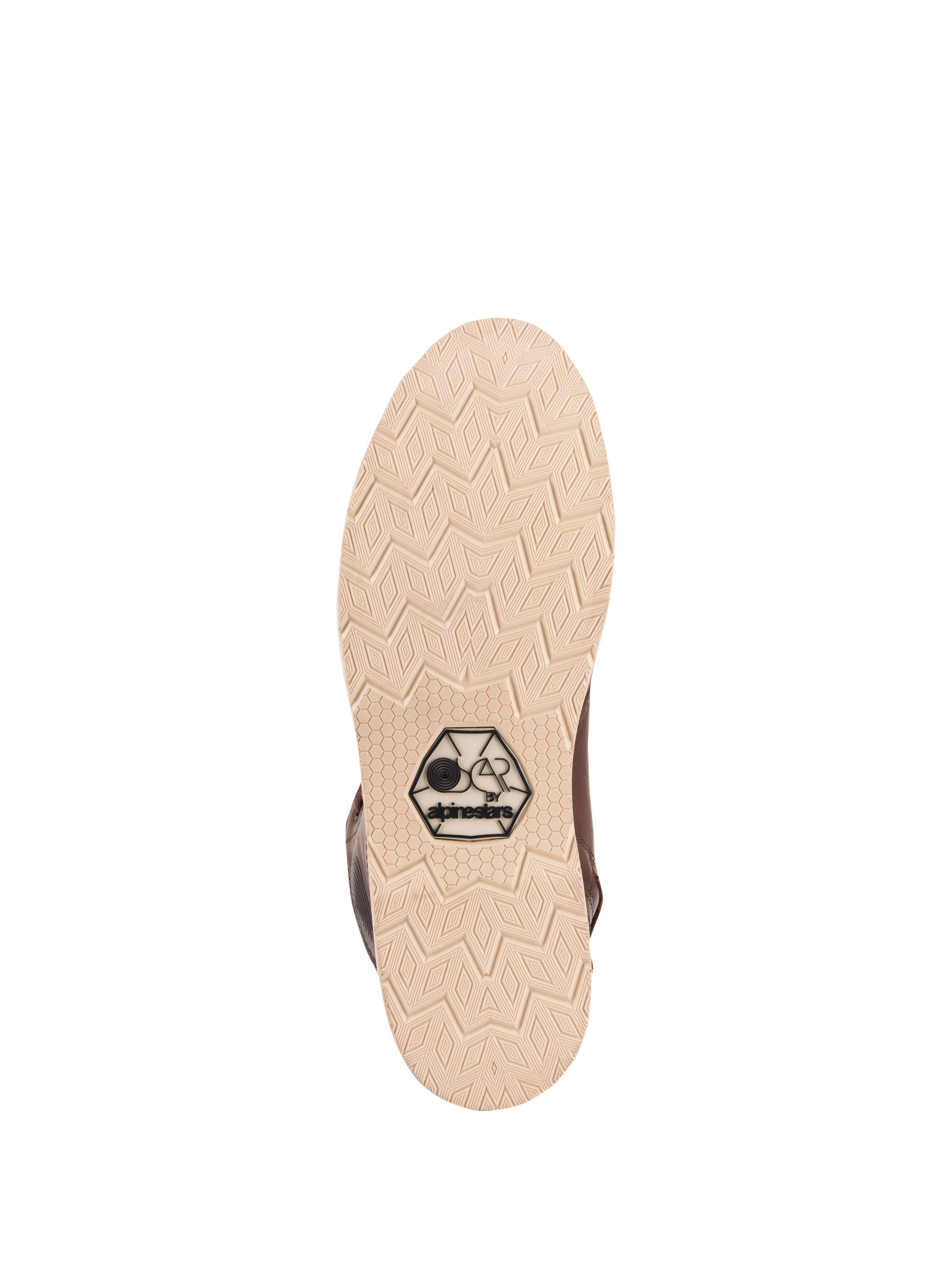 Alpinestars Oscar Monty V2 sko, sålbillede, lys beige kileydersål med geometrisk diamantmønster, med det sorte OSCAR by Alpinestars-logo, urban motorcykelkøresko i brunt læder