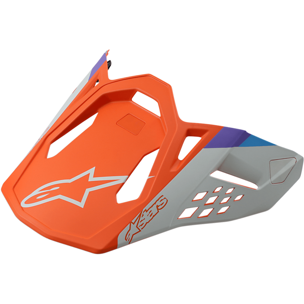 Alpinestars S-M8 Contact hjelmvisir, erstatningsvisir til motocrosshjelm, mat orange og grå med blå og lilla detaljer, kantet design med ventilationsudskæringer, med hvidt stjernelogo og Astars-tekst
