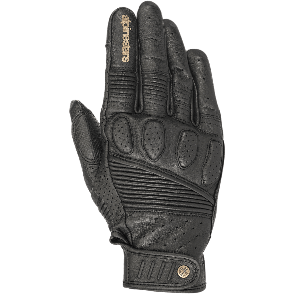 Alpinestars Crazy Eight Gloves, Black Leather Motorcycle Gloves, featuring accordion stretch panels on fingers and backhand, perforated knuckle padding, tan Alpinestars logo on index finger, and adjustable hook-and-loop wrist strap with circular logo detail.