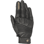 Alpinestars Crazy Eight Gloves, Black Leather Motorcycle Gloves, featuring accordion stretch panels on fingers and backhand, perforated knuckle padding, tan Alpinestars logo on index finger, and adjustable hook-and-loop wrist strap with circular logo detail.