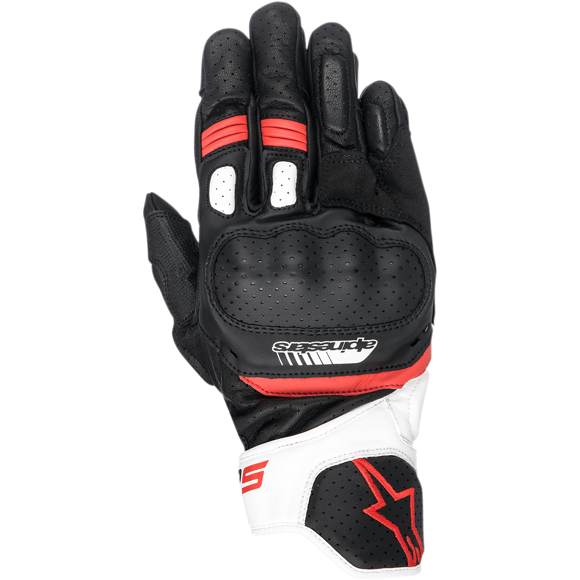 Alpinestars SP-5 handsker, motorcykelhandsker til racing, sort, hvid og rød, med perforeret læderknobeskyttelse, kort manchet med hvide og røde detaljer, Alpinestars logo-branding, ergonomisk sportskørselsdesign
