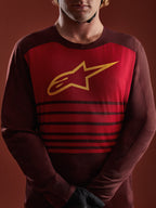 Alpinestars A-Dura Elite langærmet trøje i bordeaux med rødt brystpanel, gult A-star logo og striber.