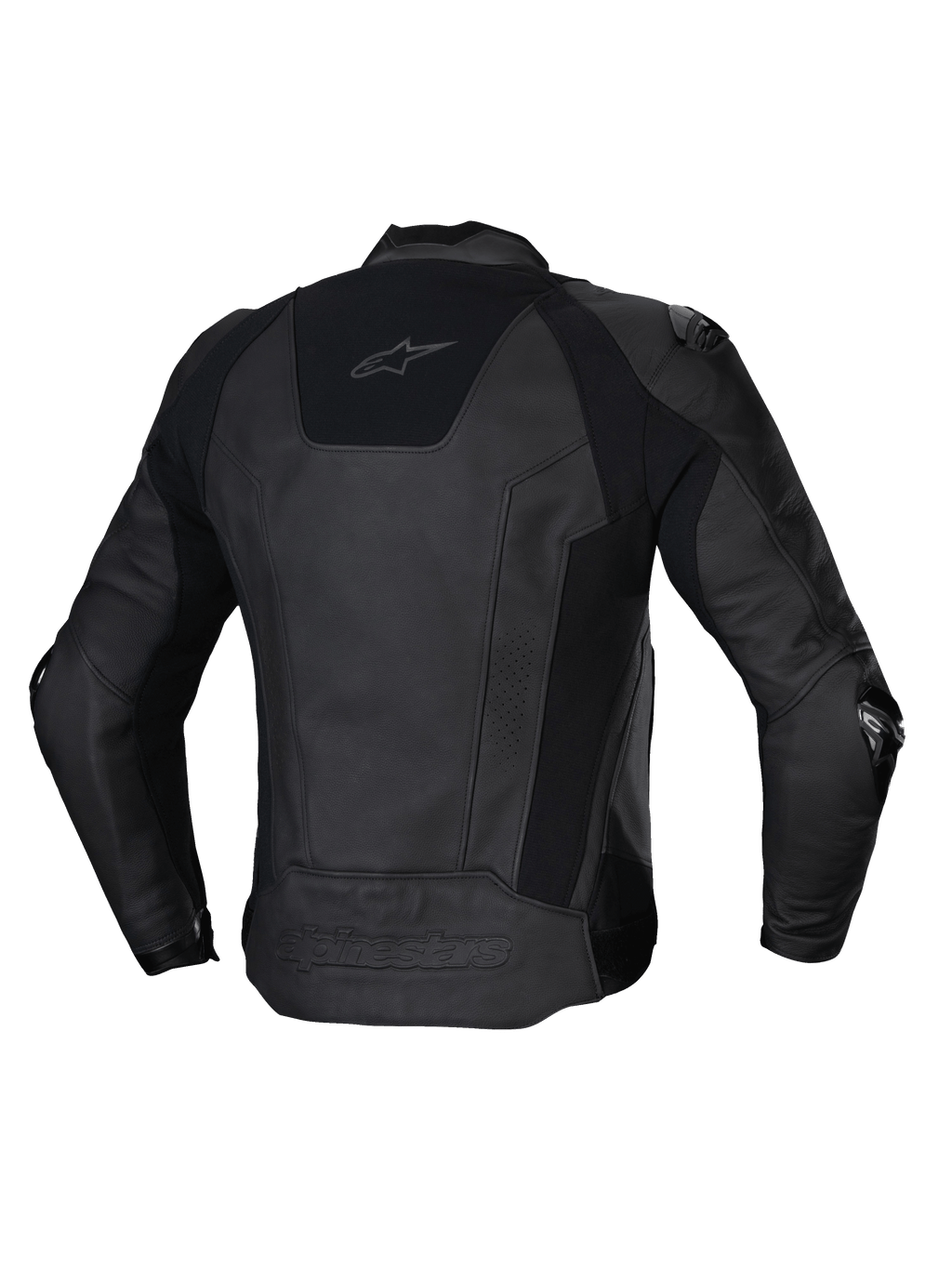Alpinestars Missile V3 Læderjakke, herre motorcykelracingjakke, set bagfra i sort, premium bovin læder med strækpaneler og CE-certificeret beskyttelse