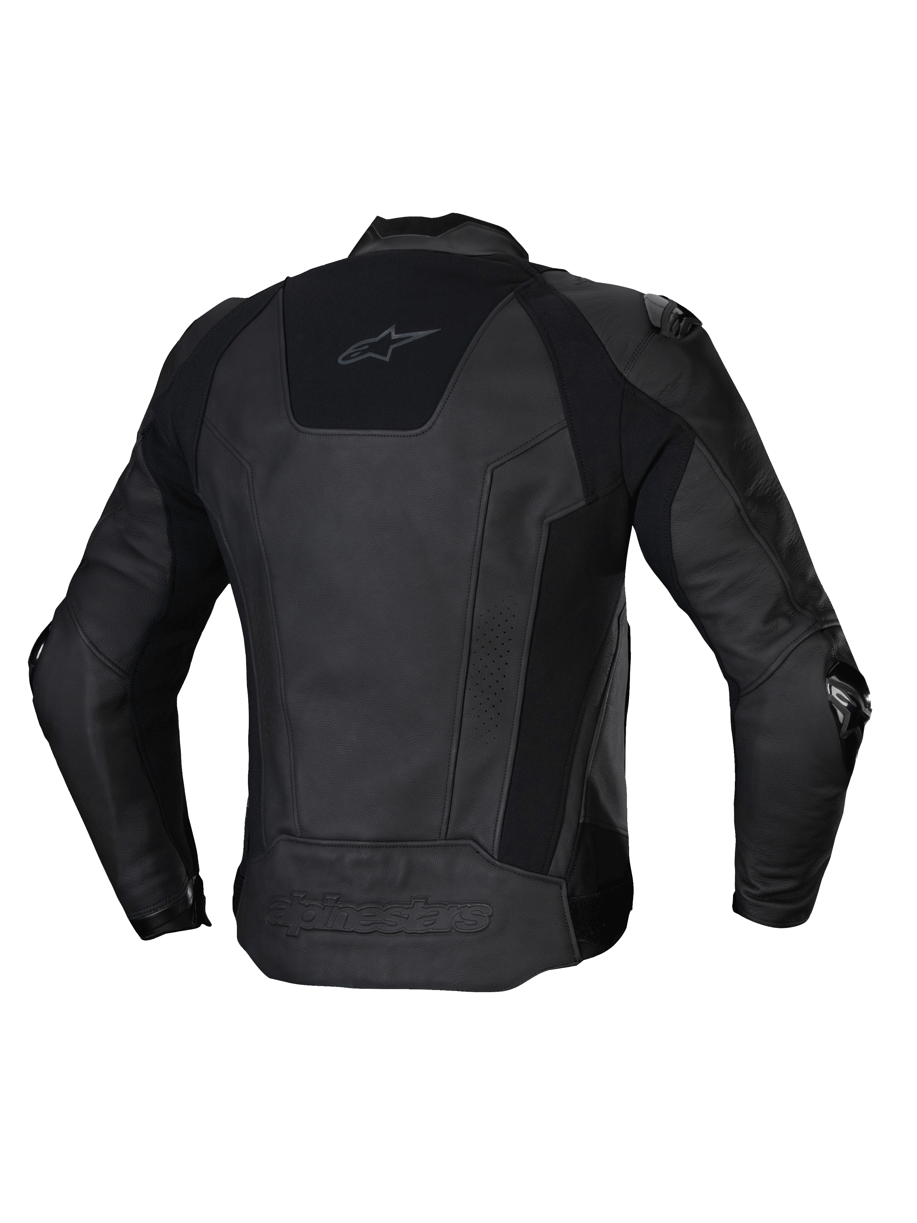 Alpinestars Missile V3 Læderjakke, herre motorcykelracingjakke, set bagfra i sort, premium bovin læder med strækpaneler og CE-certificeret beskyttelse