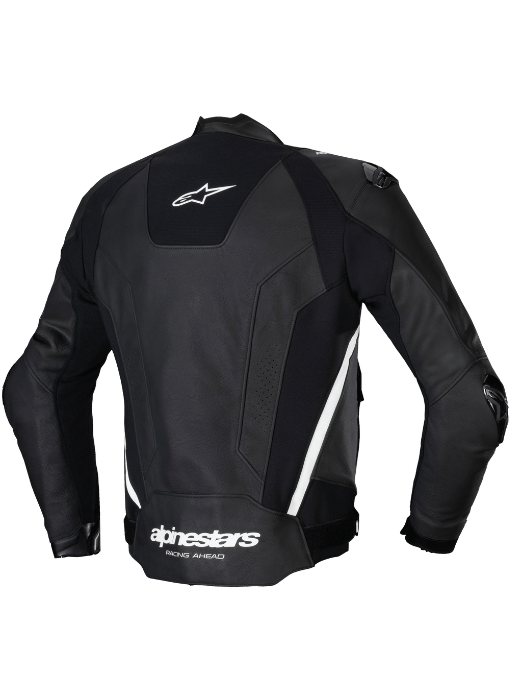 Alpinestars Missile V3 læderjakke, herre-motorcykelracingjakke set bagfra, sort og hvid, i premium okselæder med strækpaneler og udvendig skulderbeskyttelse
