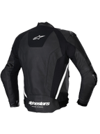 Alpinestars Missile V3 læderjakke, herre-motorcykelracingjakke set bagfra, sort og hvid, i premium okselæder med strækpaneler og udvendig skulderbeskyttelse