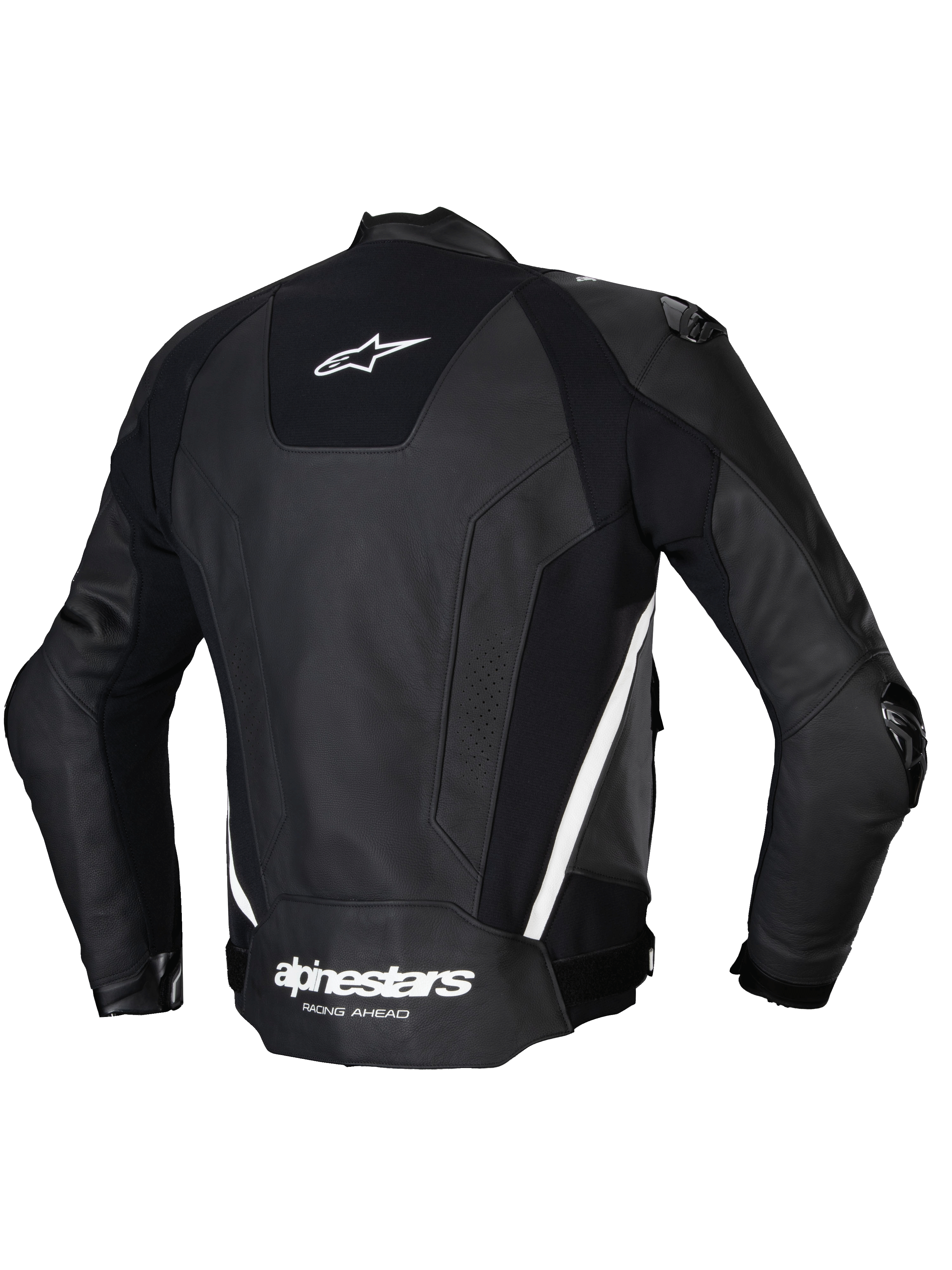 Alpinestars Missile V3 læderjakke, herre-motorcykelracingjakke set bagfra, sort og hvid, i premium okselæder med strækpaneler og udvendig skulderbeskyttelse