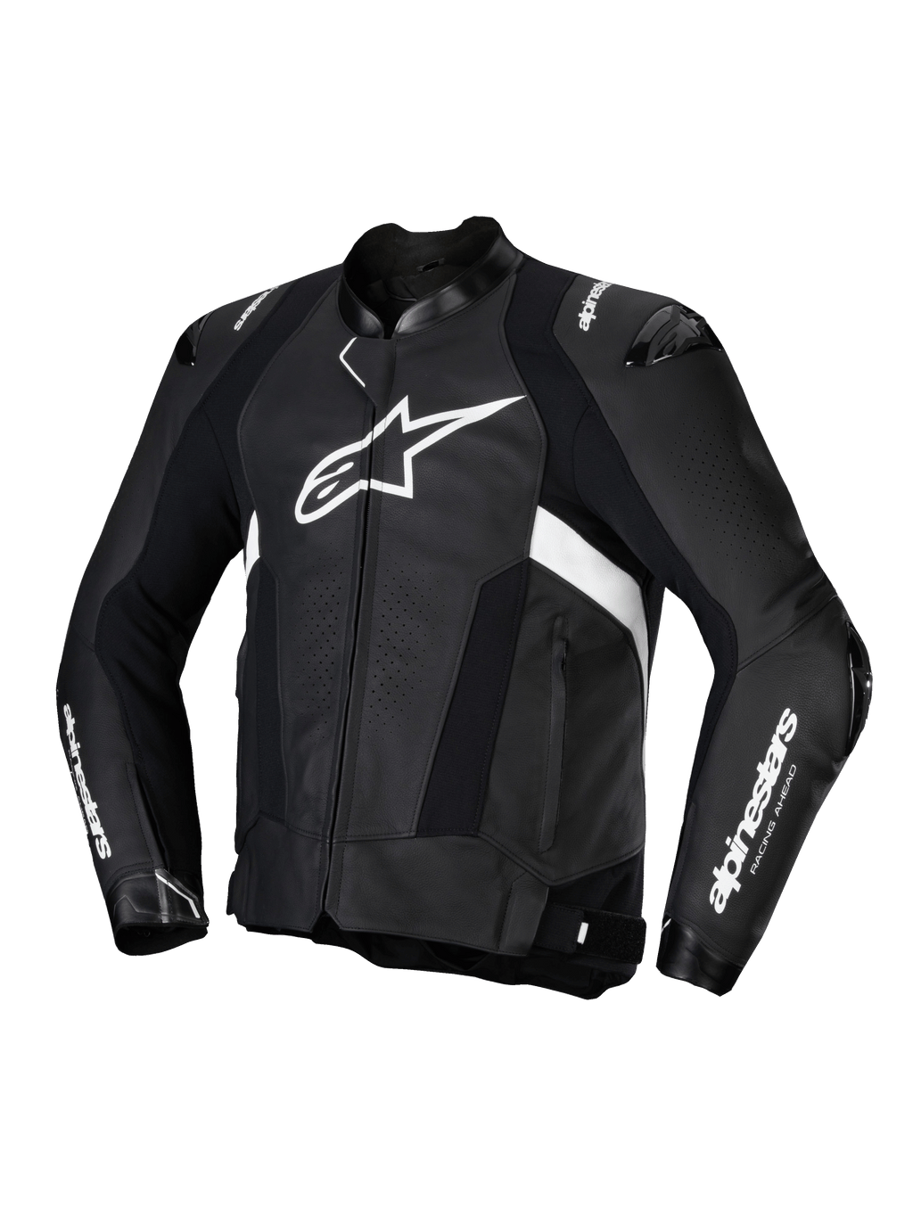 Alpinestars Missile V3 Læder Jakke, herre-motorcykelracingjakke i sort og hvid, premium okseskindskonstruktion med CE-certificering og skulder- og albuebeskyttelse